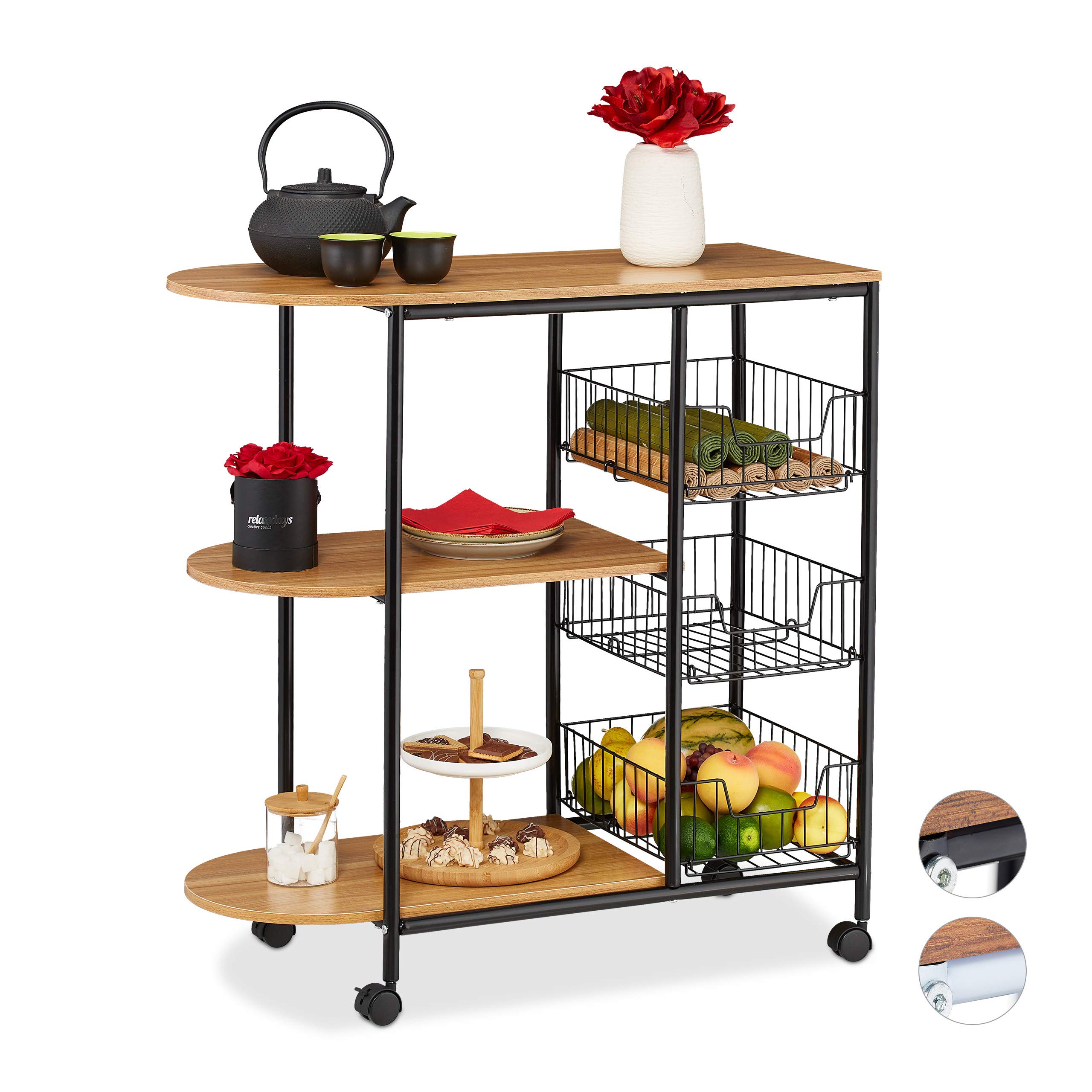 Relaxdays Chariot de Service, Cuisine,3 Supports, paniers, Industriel, métal et MDF, HlP 84x83x37 cm,Noir,Brun Clair