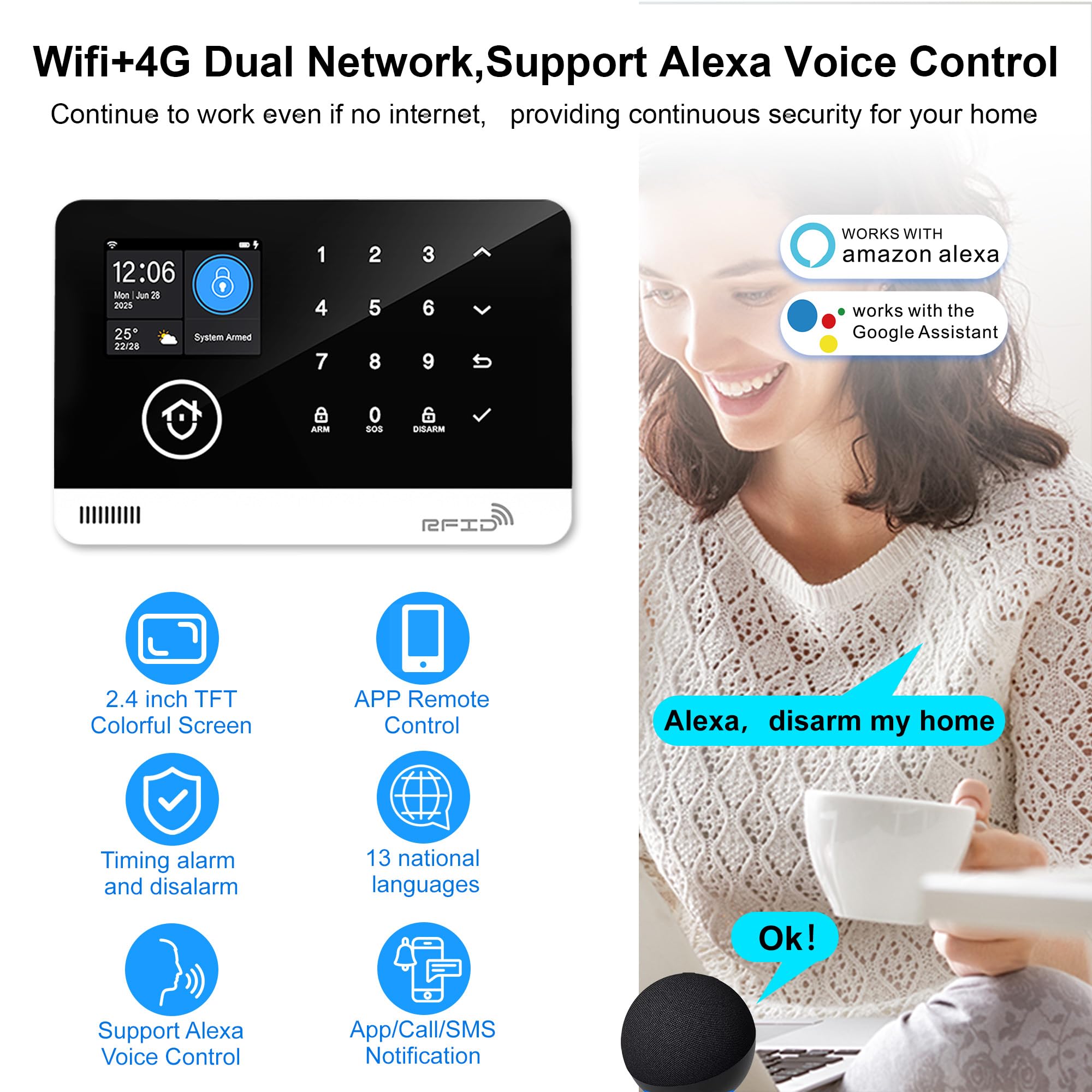 22-teiliges Smart-Alarmsystem, kabellos, WiFi/GSM, mit App, Bewegungsmelder, Tür- und Fenstermelder, Fernbedienungen, Sirene, kompatibel mit Alexa