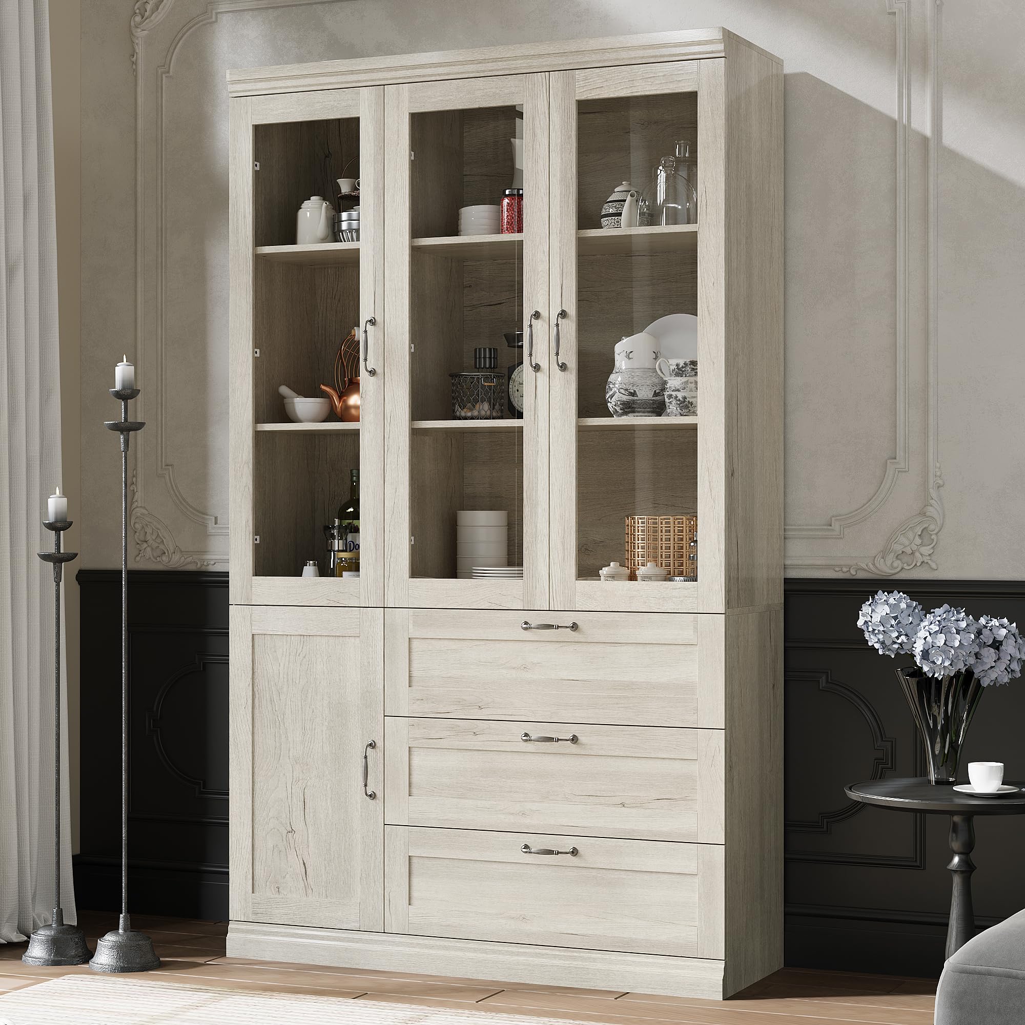 Hitow Tall Bookshelf with Glass Doors, 4-Door Bookcase Storage Cabinet with 3 Drawers, 47.2" Wide Book Case Office Cabinet with 5-Tier Storage Shelves for Kitchen, Living Room, Wood Grain