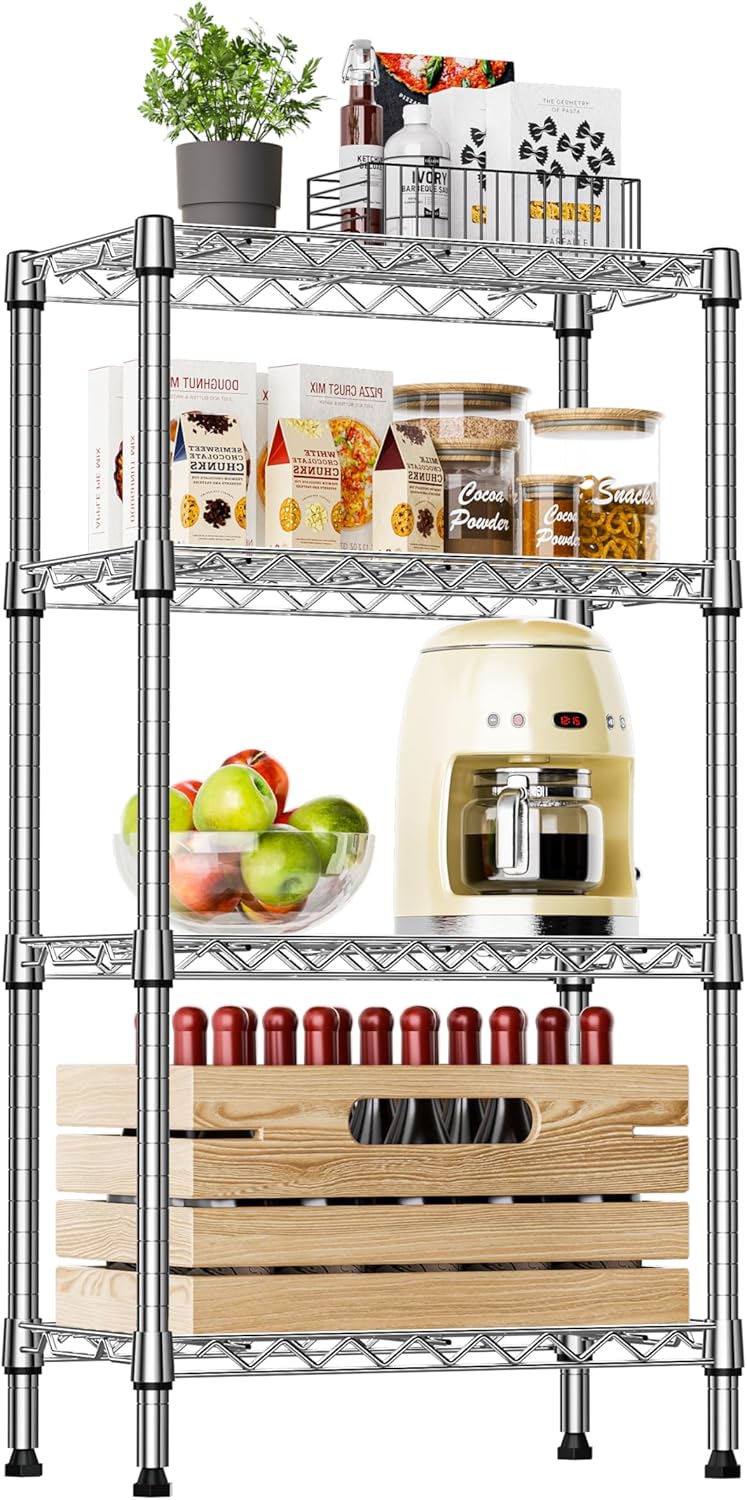 IZEUK 4 Tier Steel Storage Shelves, Heavy Duty Metal Shelf Wire Shelving Rack for Pantry, Kitchen, Living Room, or Office Organization (11.8" D x 21.7" W x 39.5" H, 1000LBS, Chrome) 4 Tier, 11.8" D x 21.7" W x 39.5" H Chrome