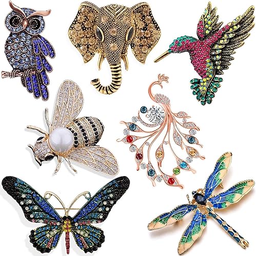 Juego de 7 broches de cristal para mujer, diseño vintage con mariposa, libélula, colibrí, búho, elefante, abeja, pavo real, animales e insectos,