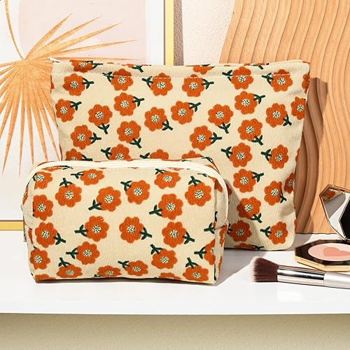 Miniatura 5 de Bolsa de maquillaje de flores de 2 piezas, bolsa grande de pana para cosméticos, bolsa de viaje, bolsa de aseo de viaje, organizador de brochas de