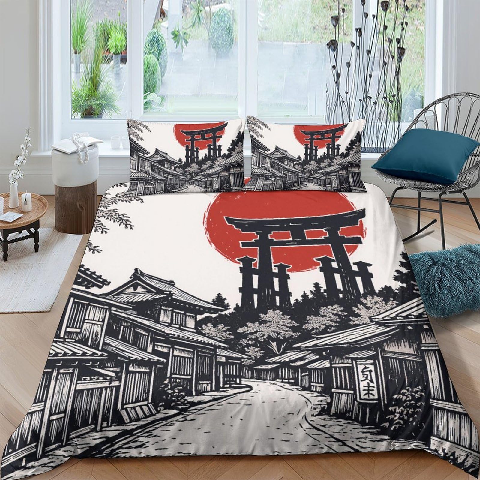 Ctjqhvkz Style-9 3D Printed Japanese Torii Fitted Sheet Microfiber Red Sun Village Mattress Cover For Bedroom Guest Room Decor Single（135X200cm）
