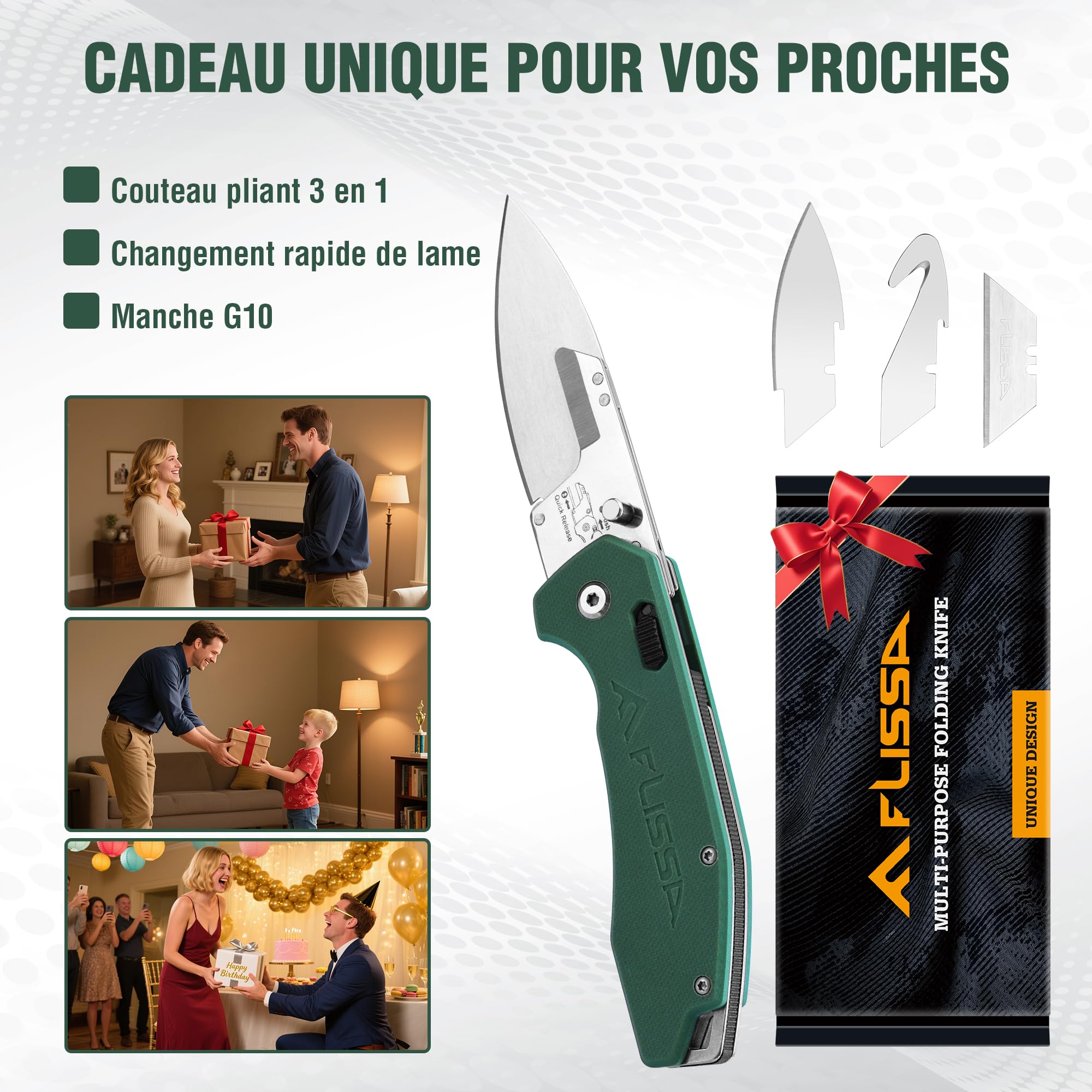 FLISSA Couteau de Poche 3 en 1 avec Manche G10, Clip Ceinture et Lames Interchangeables, Système de Verrouillage Sécurisé, Couteau Pliant Multifonction pour Usage Quotidien et Extérieur