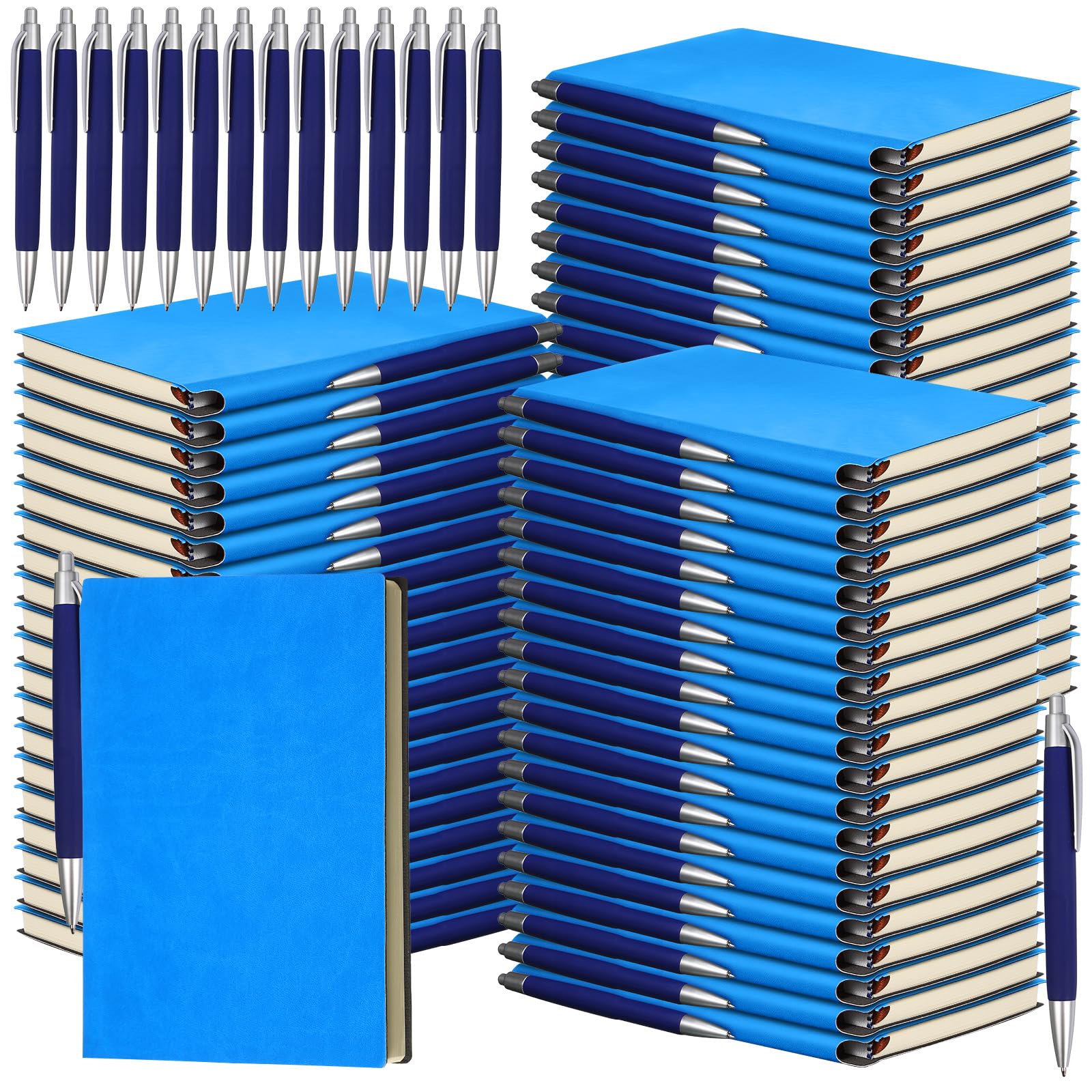Kolldenn Paquete de 50 cuadernos a granel con 50 bolígrafos A5 de tapa blanda, impermeables, cuadernos escolares de cuero rayados con bolígrafo para la escuela, negocios, trabajo, 200 páginas, 5.7 x