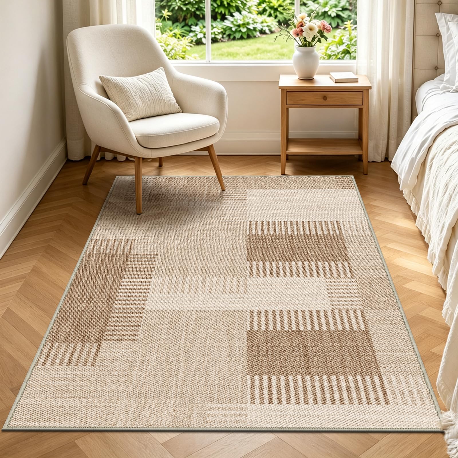 Teppich Wohnzimmer 120x180 cm Beige Moderner Waschbar | rutschfest, Weich Kurzflor Geometrie Teppiche für Schlafzimmer, Esszimmer, Eingang Korridor, Büro, Rug