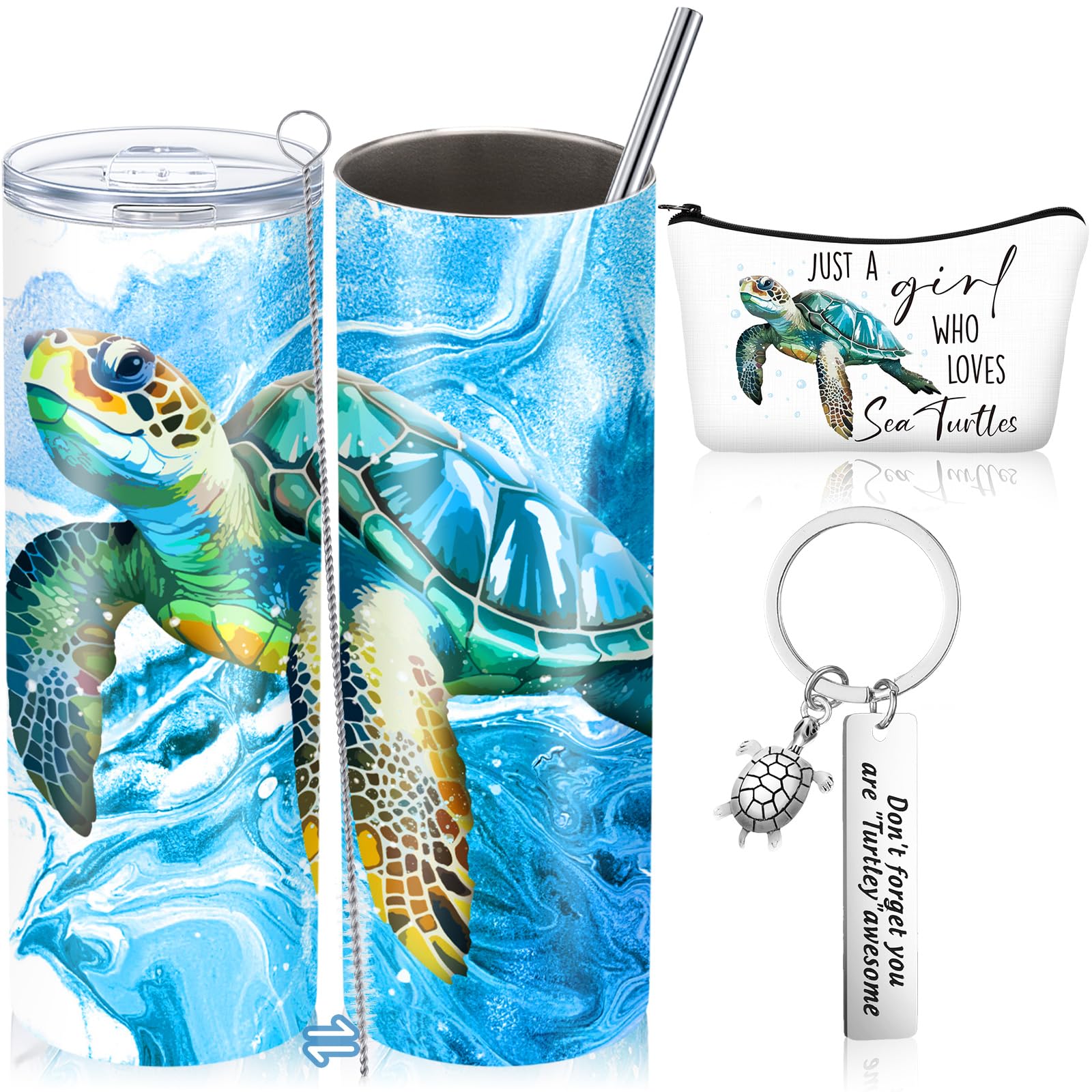 3 Pcs Sea Turtle Gifts for Women Funny Birthday Gifts 20oz Blue Tumbler Who Loves Turtles Makeup Bags Don't Forget You Are Turtley Awesome Keychain for Ocean Beach Themed Party Mothers Day