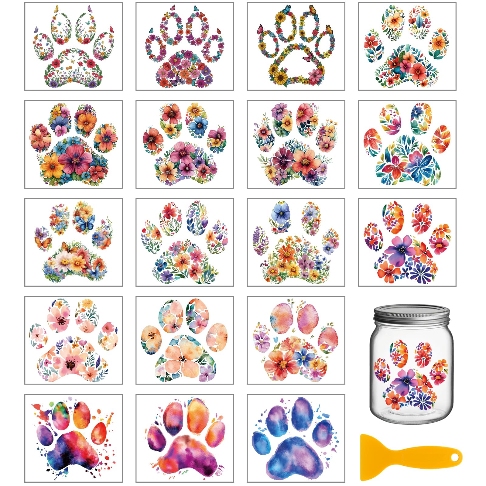 GLOBLELAND 18 Sheets Dog Paw Prints Transfer Stickers 3.9x3.6inch Flowers Dog Claws Decals Stickers Colorful Watermark Rub on Transfer for Furniture Vase Glass Mason Jar Decorations Art Crafts