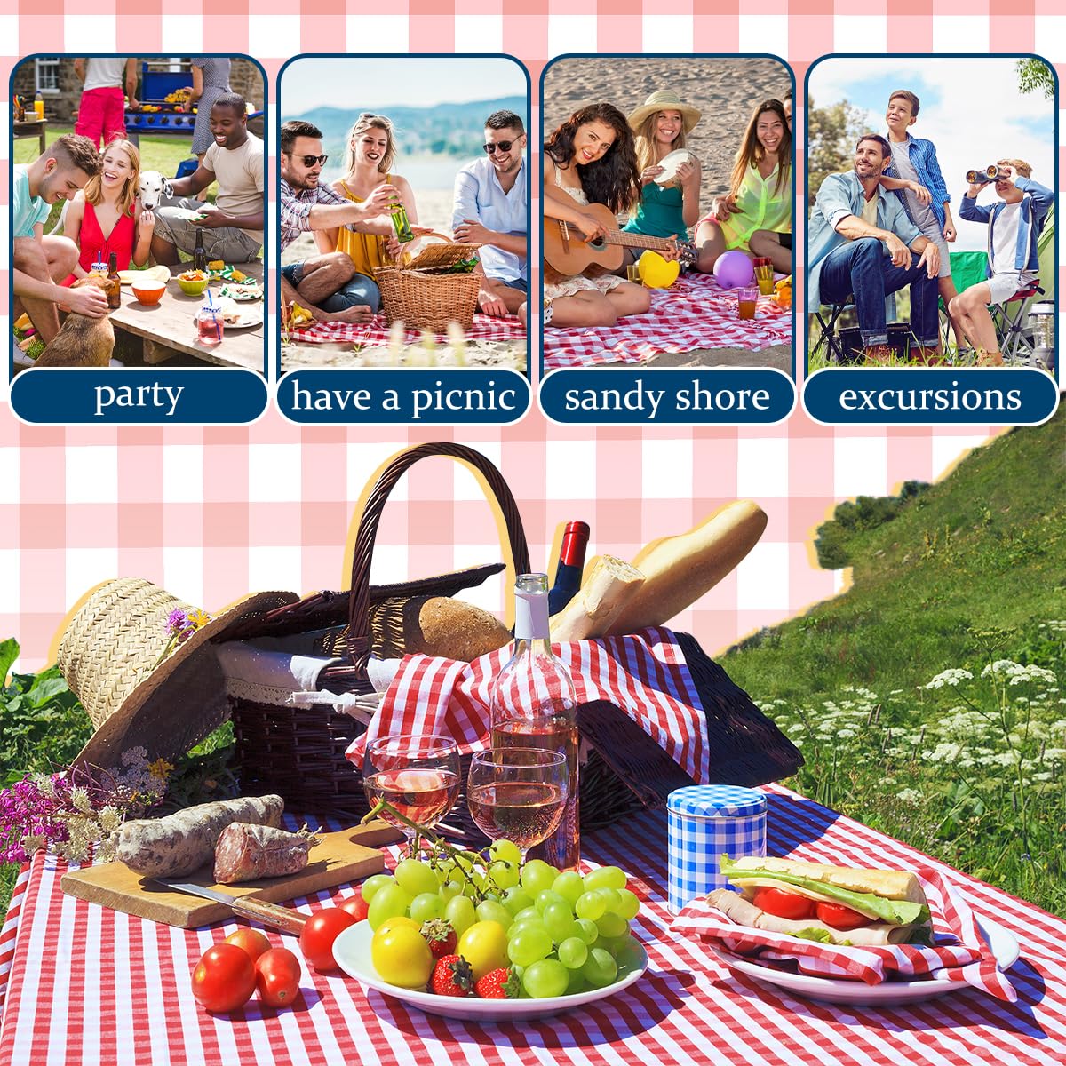Coperta picnic impermeabile 200x200 cm Rossa con Maniglia per Campeggio Spiaggia Prato