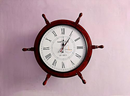 Miniatura 3 de DnU Avenue Reloj de pared de madera hecho a mano con rueda de barco para decoración del hogar y la oficina hecho a mano con madera natural
