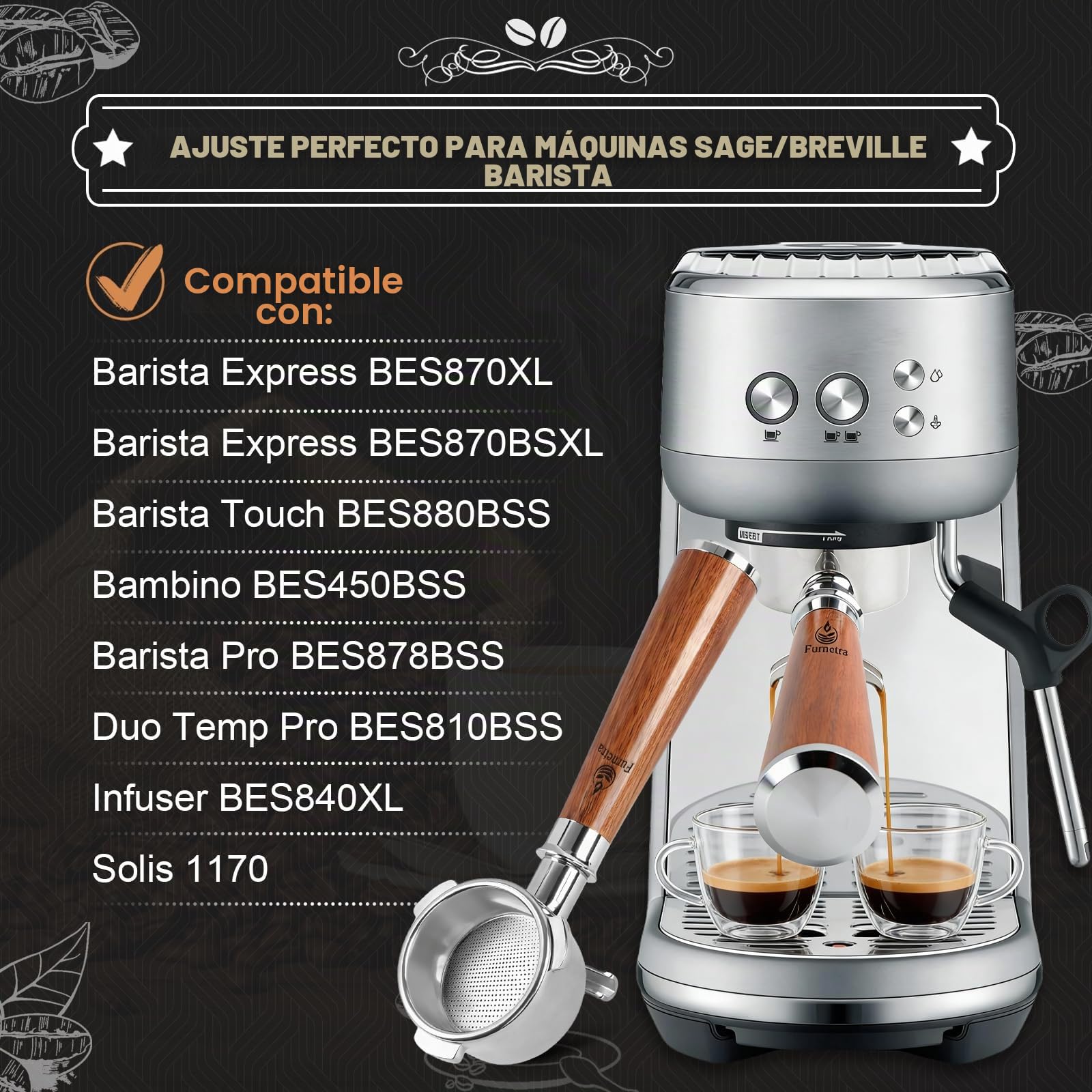 Portafiltro 54mm de Doble Salida, 3 Orejas en Acero Inoxidable 304 con Mango de Madera de Nogal, Incluye 2 Filtros y Aguja WDT, Compatible con Sage/Breville Barista BES 870/878/880
