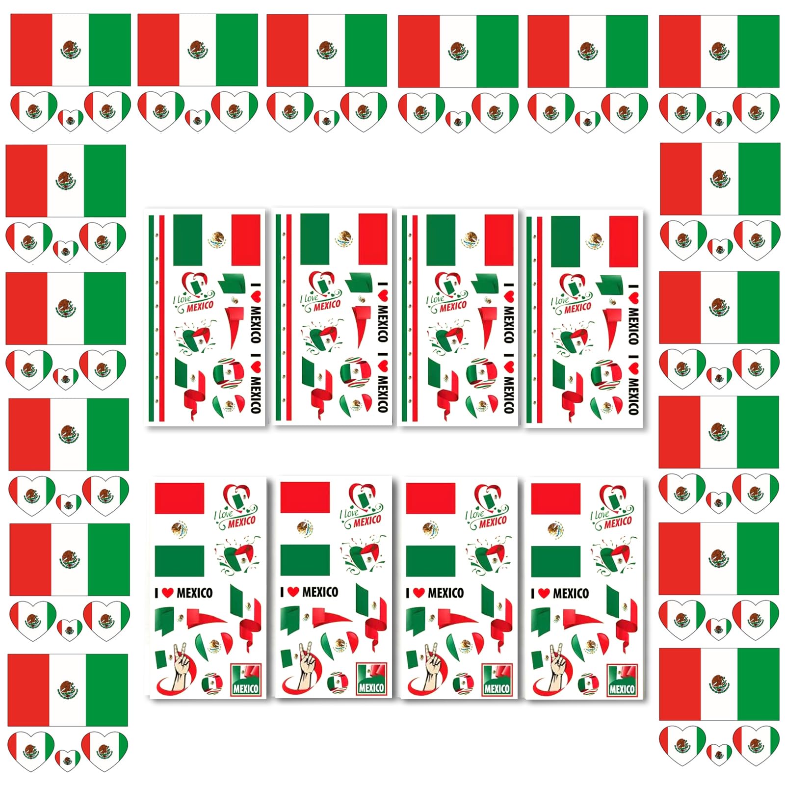 AhfuLife 24 Blätter Mexiko Nationalflagge Tattoo Aufkleber, Mexikanische Dekoration Temporäre Tattowierung Set Wasserdichter Gesichts Tattoos Sticker für National Fans Fußball WM Party Dekoration