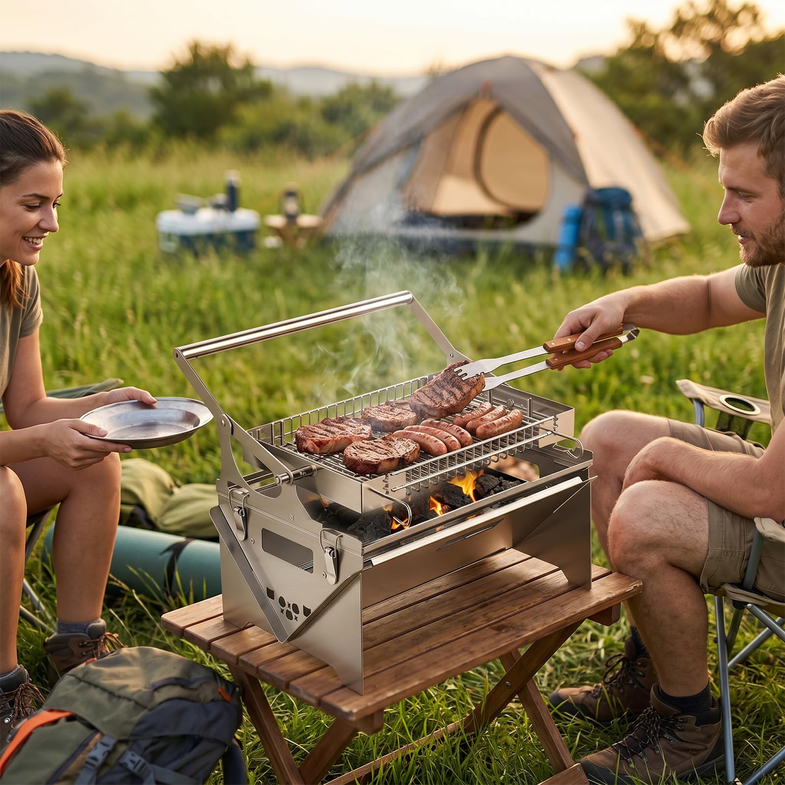 Barbacoa de gas, giratoria 360°, barbacoa de gas con gas y carbón vegetal, parrilla de gas portátil 304, barbacoa plegable con bolsa de transporte, barbacoa extraíble para picnic, jardín, terraza