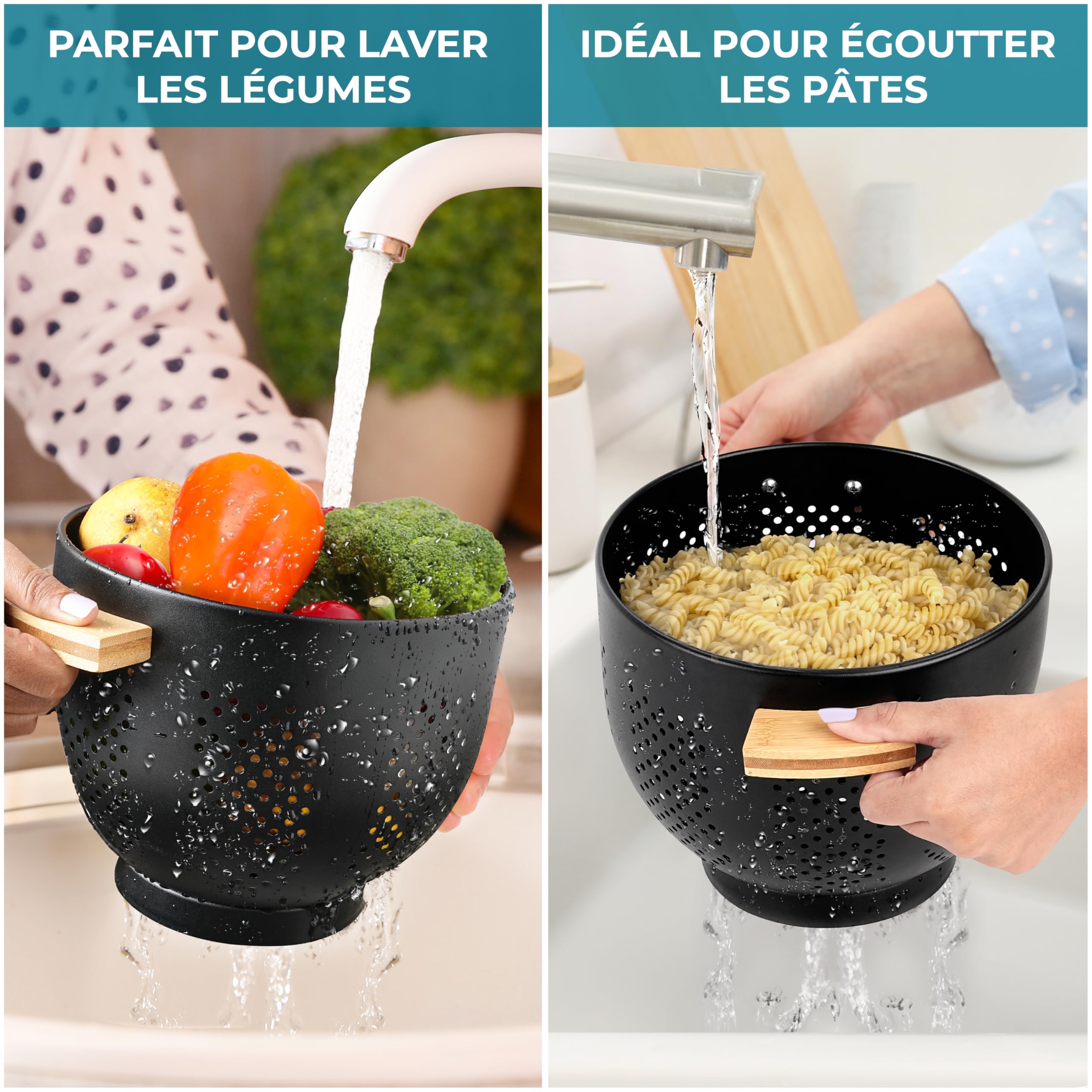Passoire Cuisine Noire Mate Avec Manche Bois Winter Shore - Égouttoir Pâtes Légumes Fruits 22 Cm