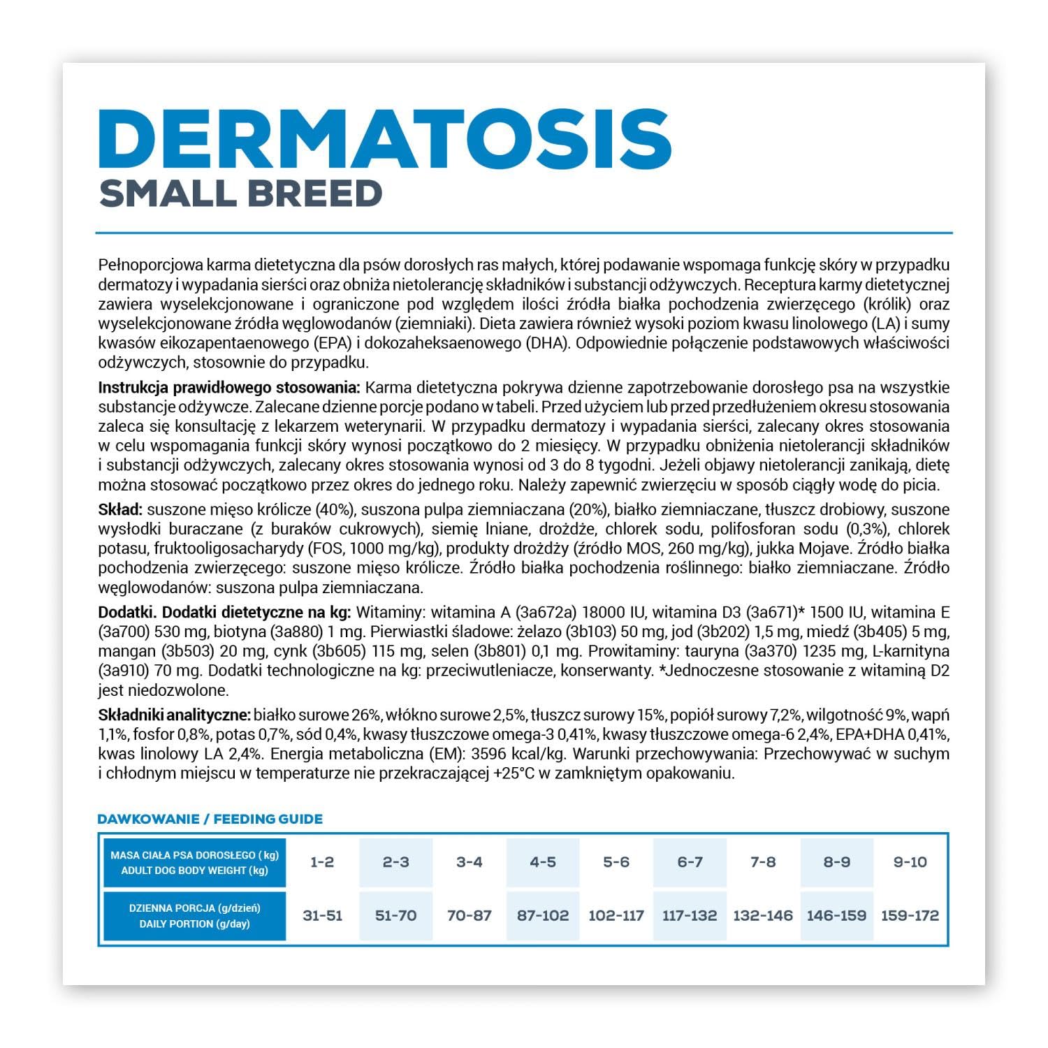 VET EXPERT DERMATOSIS RABBIT & POTATO SMALL BREED 8 kg - sucha karma weterynaryjna dla psów małych ras z problemami dermatologicznymi i nietolerancją pokarmową