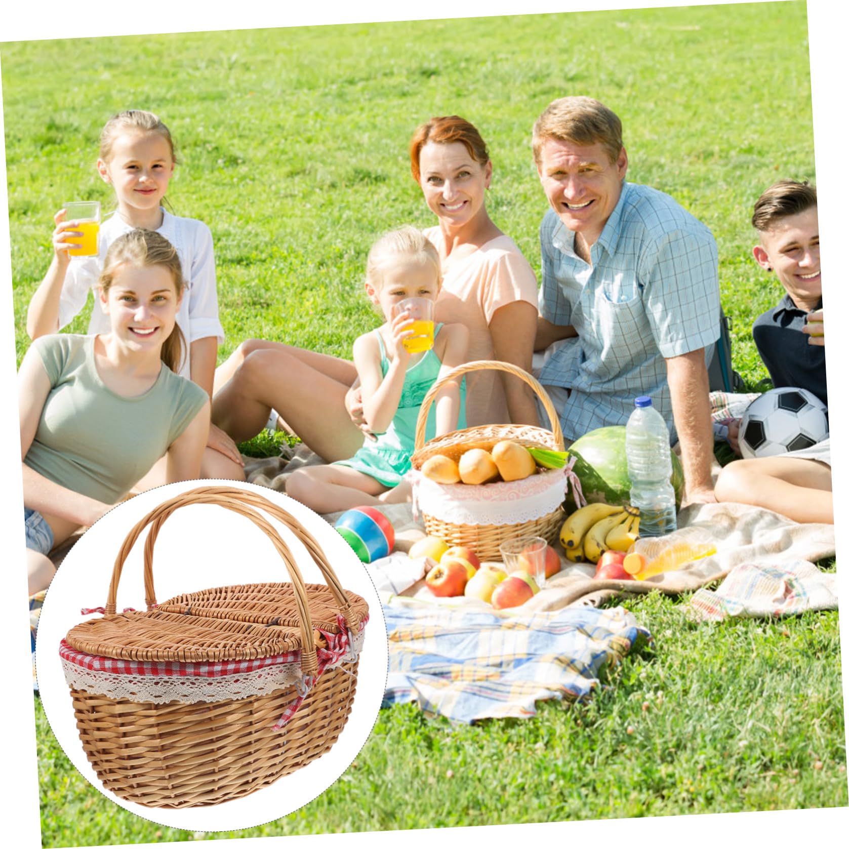 Alasum Cestino da Picnic Rustico Tessuto Naturale in Vimini con Coperchio e Doppia Maniglia per Campeggio e Conservazione di Alimenti Freschi