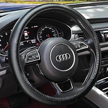 Haokay Heavy Duty Pure Cowhide Steering Wheel Cover, Genuine Leather Steering Cover with 15 Inches Universal Fit