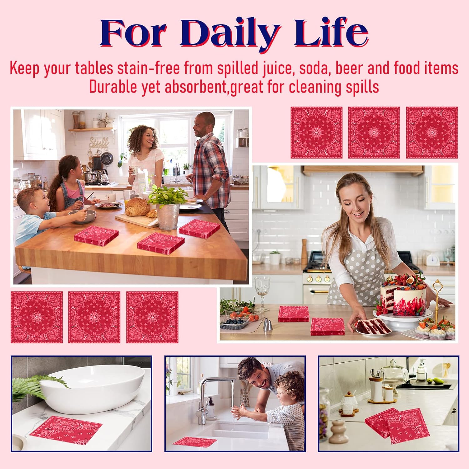 Teling 200 Pcs Western Bandana Napkins 2 Ply Bandana Paper Napkins Bulk Disposable Paisley Print Cocktail Napkin for Western Cowboy Theme Birthday Party Supplies, 6.3 * 6.3"(Red)