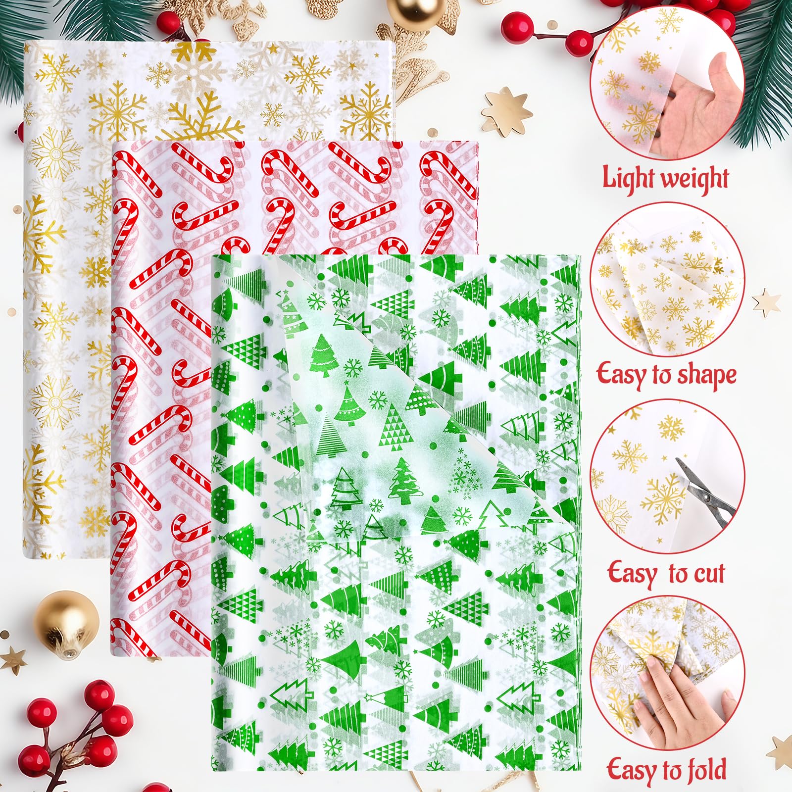 NACHLYNN 90 Sheets Christmas Tissue Paper 20 x 14 inches Baby Shower Gold Wrapping Tissue Paper Bulk for Gift Bags Packaging Christmas Party Decor (Bright Color) - Image 2