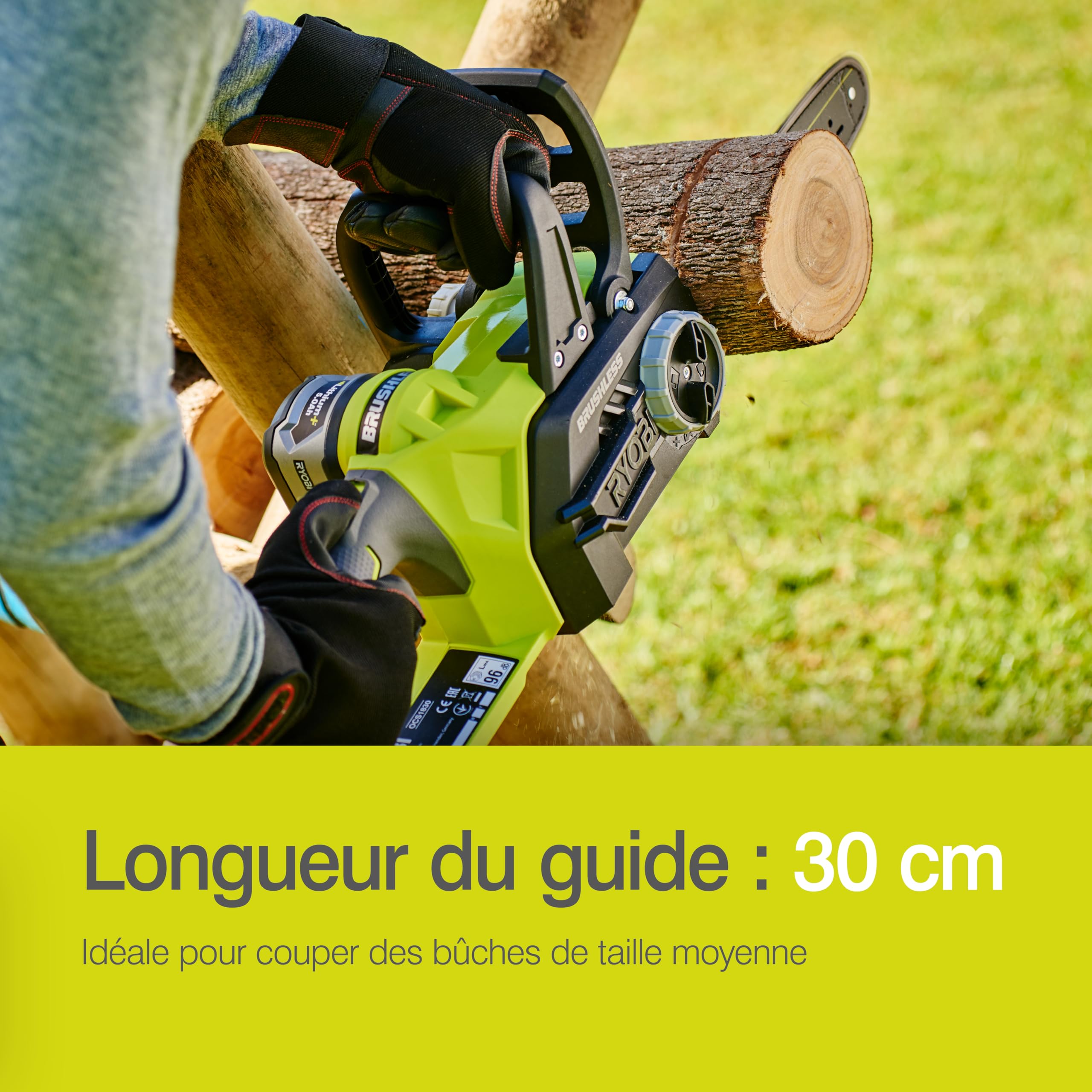 RYOBI - Tronçonneuse Sans Fil 18V ONE+ OCS1830 – Guide 30cm, Lubrification Automatique, Frein de Chaîne, Compacte - Taille Bois, Bûches et Branches – Batterie Non Incluse