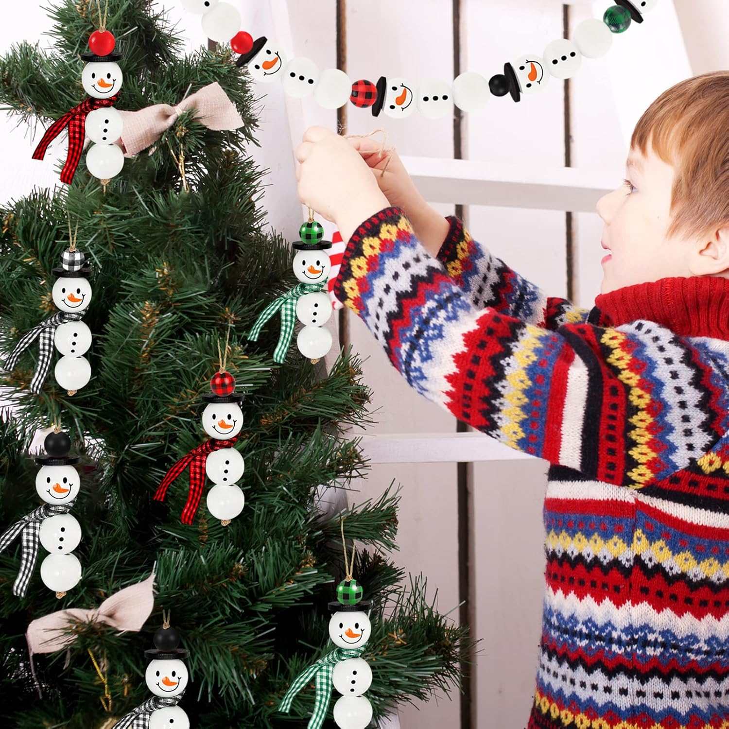 205 Pieces Christmas Snowman Wooden Beads Craft Project Natural Polished Wood Bead with Twine, Winter Christmas Tree Hanging Ornaments, Rustic DIY Garland Decoration for Home (Snowman) - Image 6
