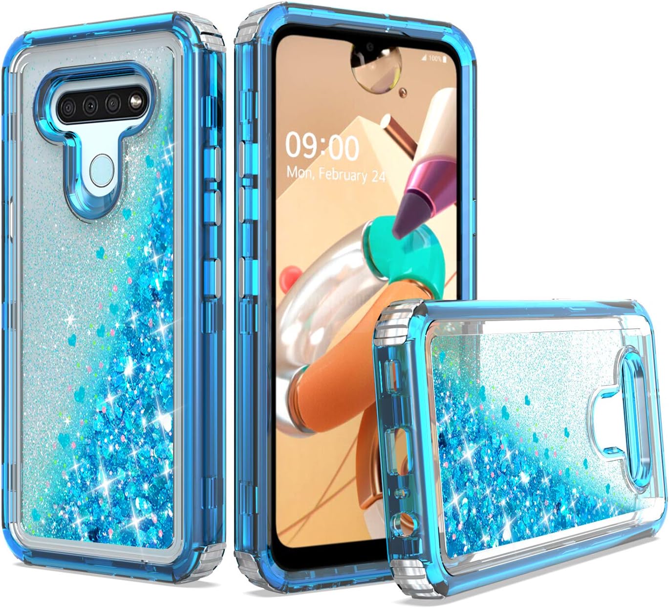 UNC Pro 3 in 1 Quicksand Glitter Cell Phone Case for LG K51/LG Q51/LG Reflect, TPU Liquid Flowing Sparkle Hybrid Case, Full Edge Protection Shockproof Bumper Cover, Clear Light Blue