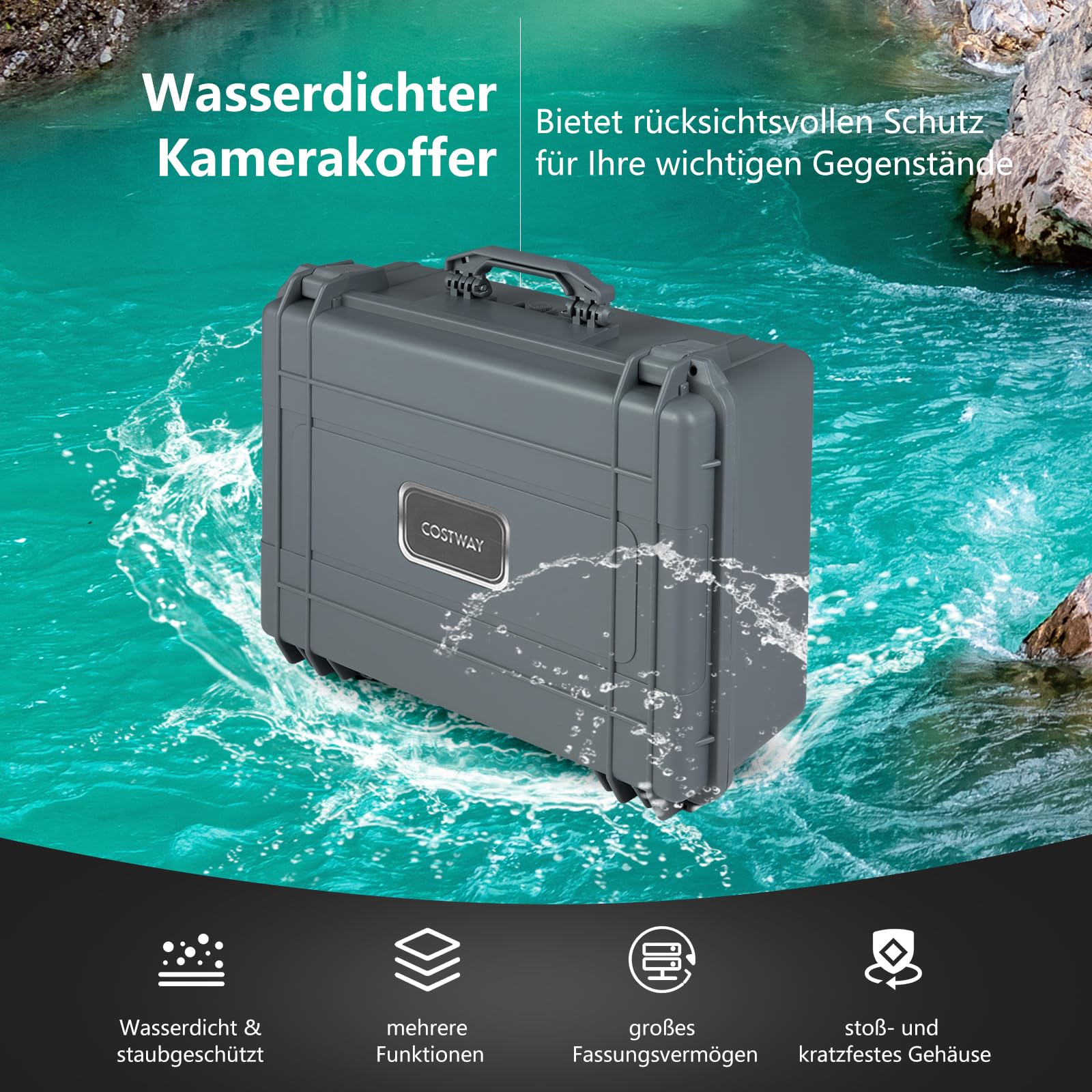 COSTWAY Twarda obudowa na aparat fotograficzny, uniwersalnie dostosowywalna, wodoodporna twarda walizka, walizka ochronna na aparat z pianką, do elektroniki, dronów, aparatów i broni palnej, szary, 22