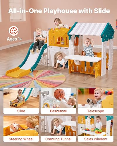 Miniatura 2 de VEVOR Casa de juegos al aire libre, versátil parque infantil con tobogán, baloncesto, telescopio, volante, túnel de gateo, ventana de ventas, juego