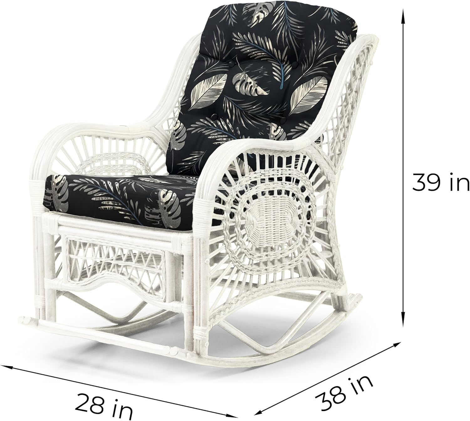 Malibu Rocking Handmade Lounge Chair ECO Natural Wicker Rattan White Color with Black Leaf Cushion