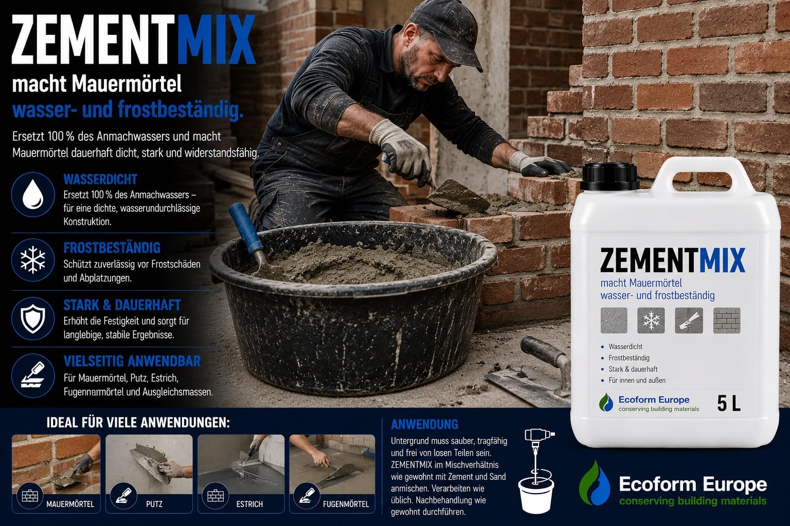 Zementmix 25 Liter – Beton wasserdicht machen – Zementzusatz gegen Feuchtigkeit – Für Keller, Beton, Mörtel und Estrich