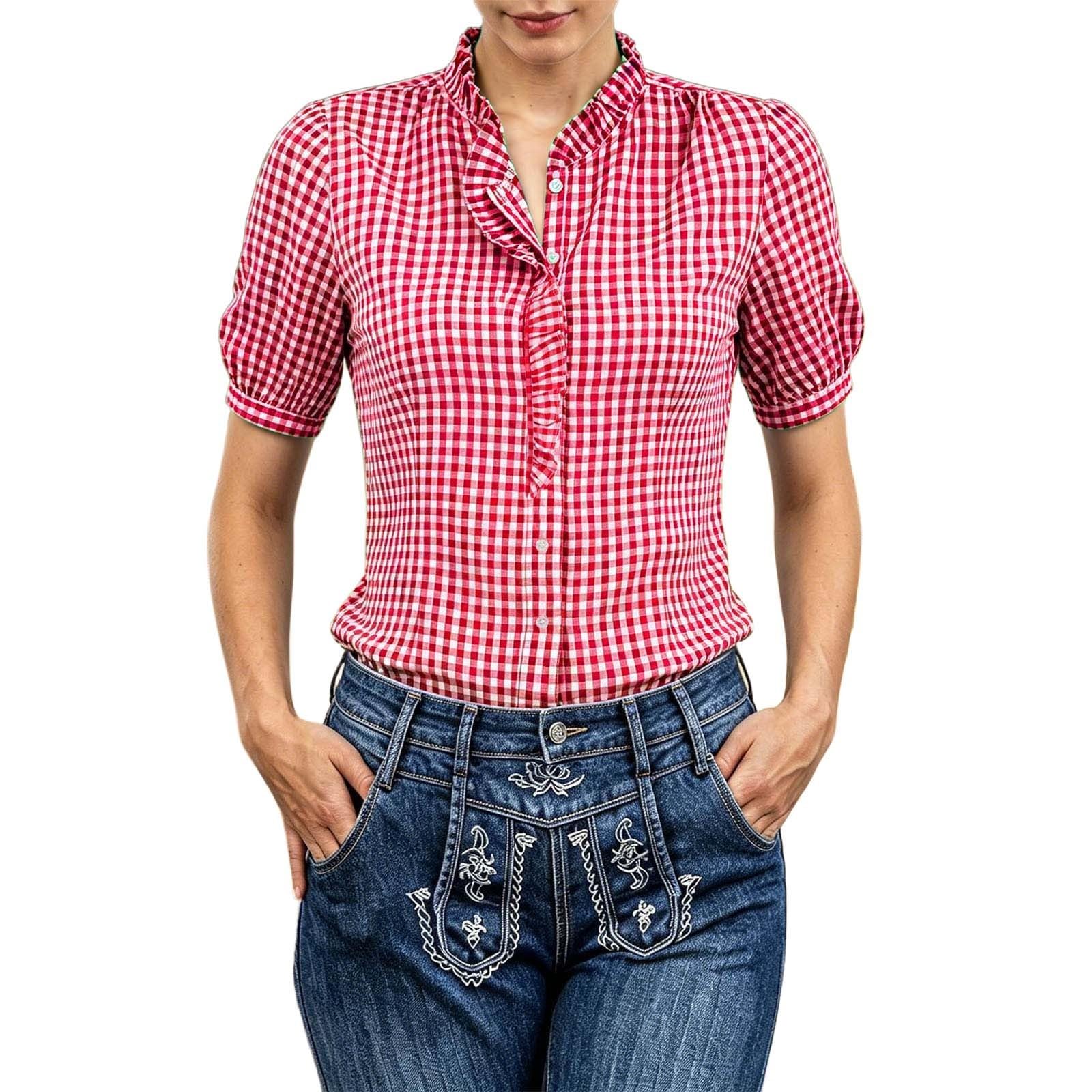 Generisch Trachtenbluse Damen Oktoberfest Kariert Bluse - Trachten Oberteil mit Stehkragen & Herzknöpf, Oktoberfest Outfit Modern Atmungsaktiv Trachtenhemd Große Größen Trachtenblusen Dirndl Blusen