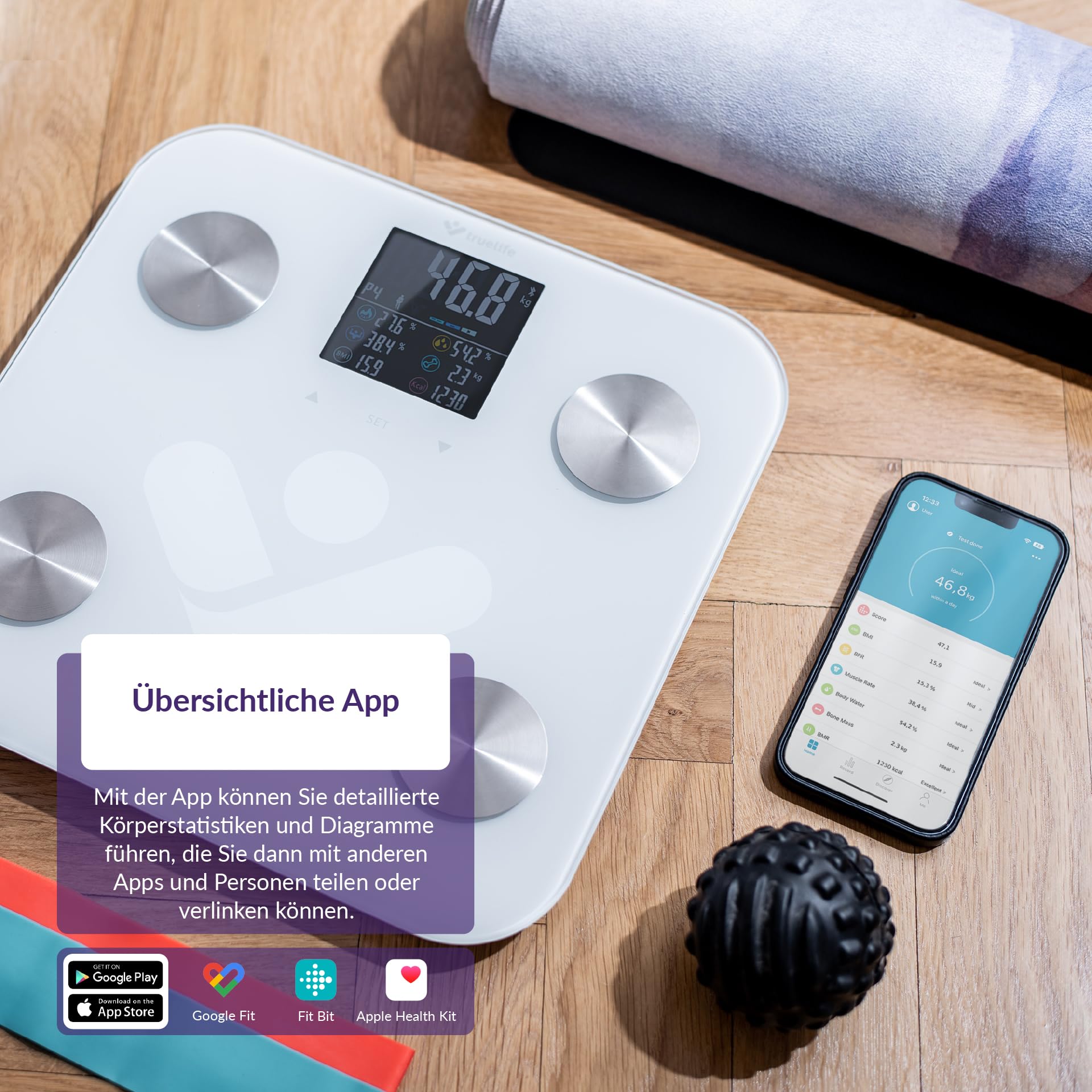 TrueLife FitScale W6 BT Personendiagnostische Bluetooth-Waage, Messung mit bioelektrischer Impedanzanalyse, 19 messbare Körperindizes, farbiges LCD-Display, bis zu 8 Benutzer, mobile App