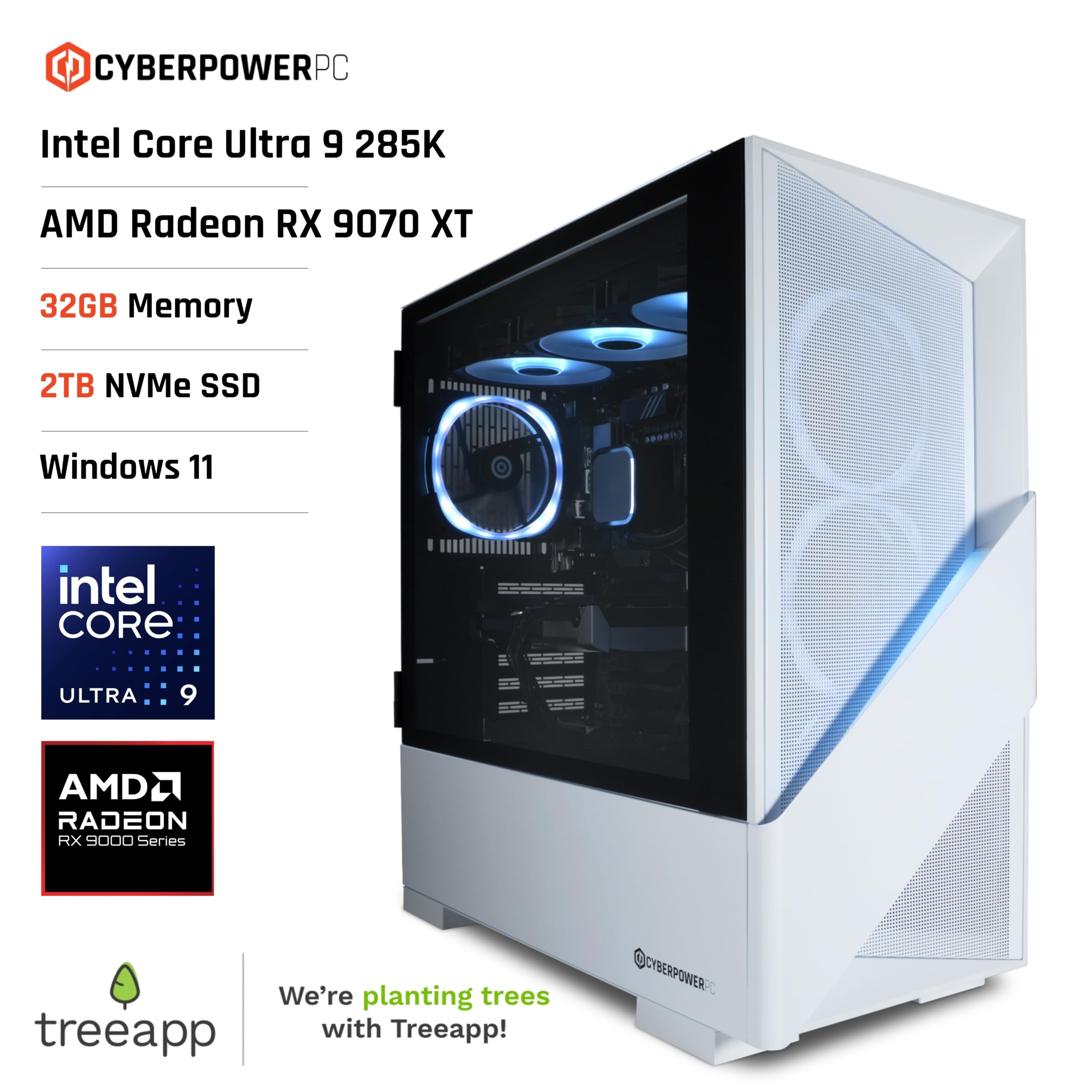 CyberPowerPC Luxe Gaming PC - Intel Core Ultra 9 285K, AMD RX 9070 XT, 32GB RAM, 2TB NVMe SSD, 750W PSU, Windows 11, Liquid Cooling, Amethyst 360M Airflow White