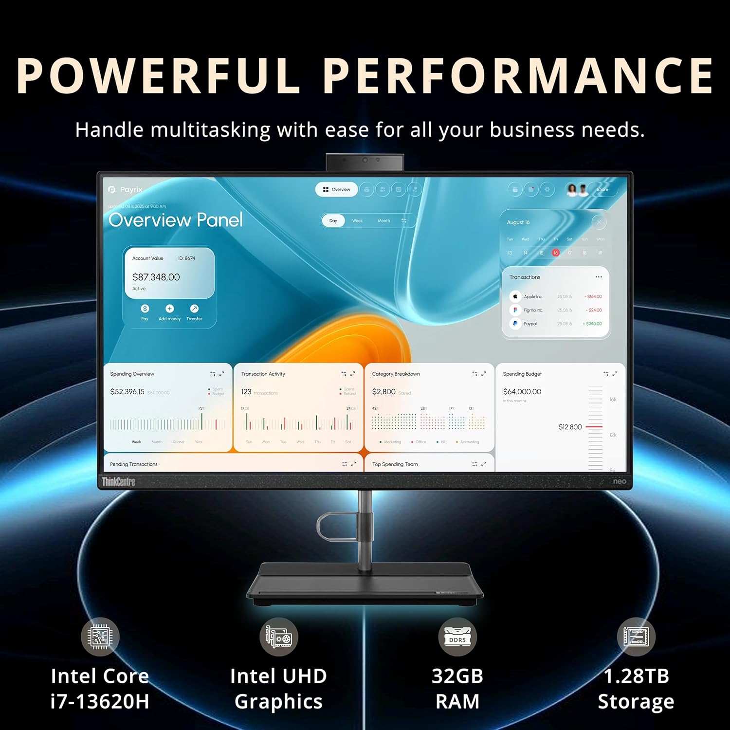 Lenovo ThinkCentre Neo 30A Gen 4 All-in-One Desktop, 23.8" FHD Display, Intel i7-13620H, 32GB DDR4 RAM, 1.28TB Storage (1TB SSD+288GB Docking Station Set), HD Webcam, Wi-Fi 6, Windows 11 Pro, Black