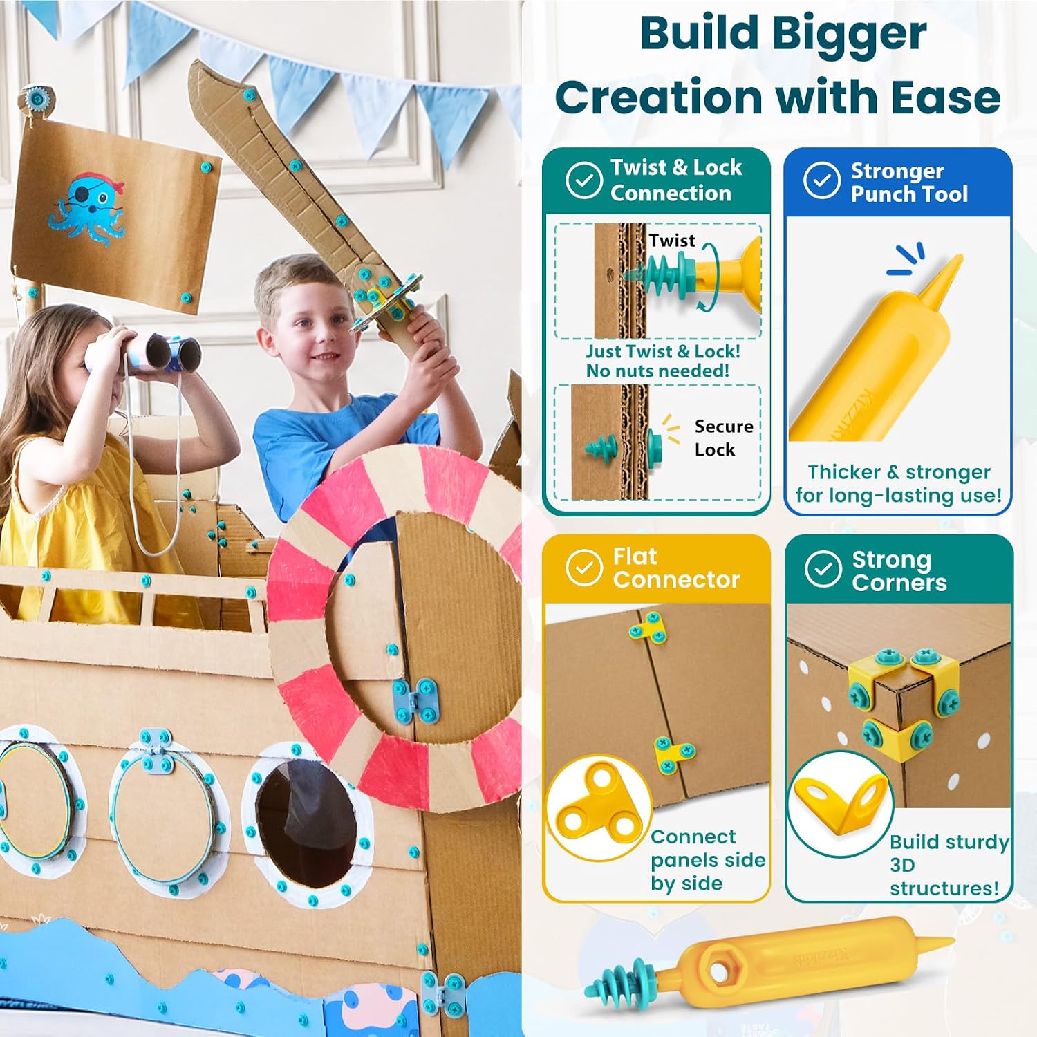 Kizzikids Cardboard Tools for Kids, STEM Construction Kit Safe Cutter | 219 PCS Building Kits Cardboard Screws & Cardboard Connectors, Spin Hinges, Storage Box, Hands-On Creativity, Ages 5+