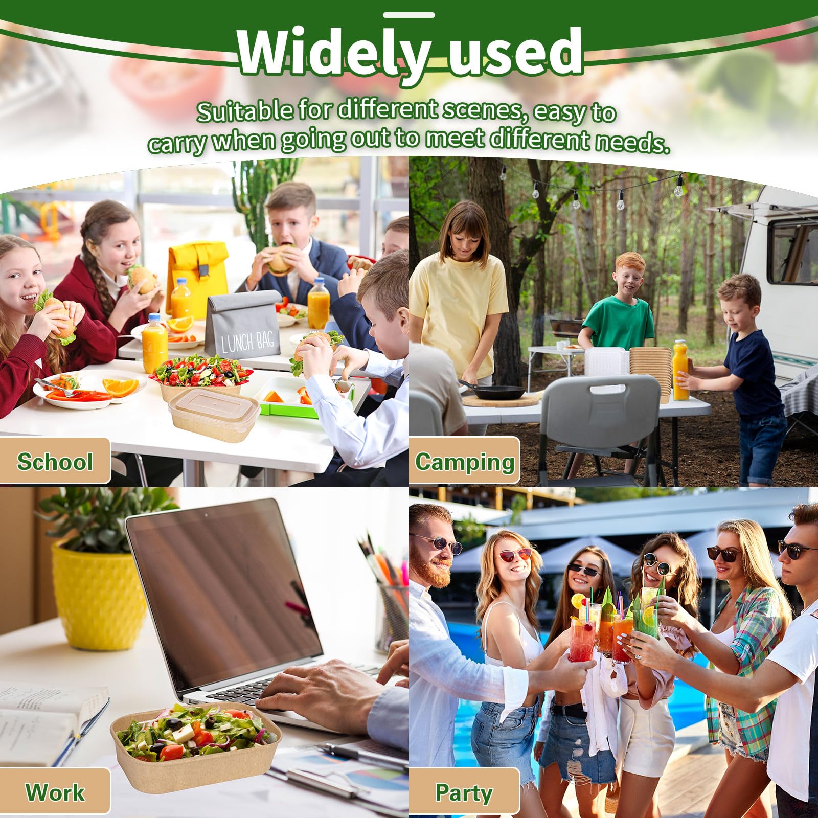 FYSUIMU 100 cuencos desechables de papel kraft de 17 onzas con tapas, recipientes rectangulares para alimentos, ensaladas para el hogar, restaurante, camping, bebidas frías y calientes