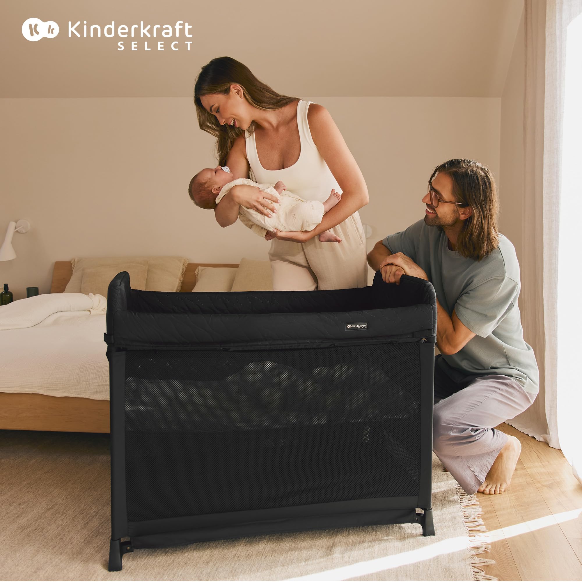 Kinderkraft Moon Dream, Cuna de Viaje Desde el Nacimiento hasta los 3 años, Cuna de Dos Niveles, se pliega fácilmente con una Sola Mano, Incluye colchón y Bolsa de Transporte, fácil de Limpiar, Beige