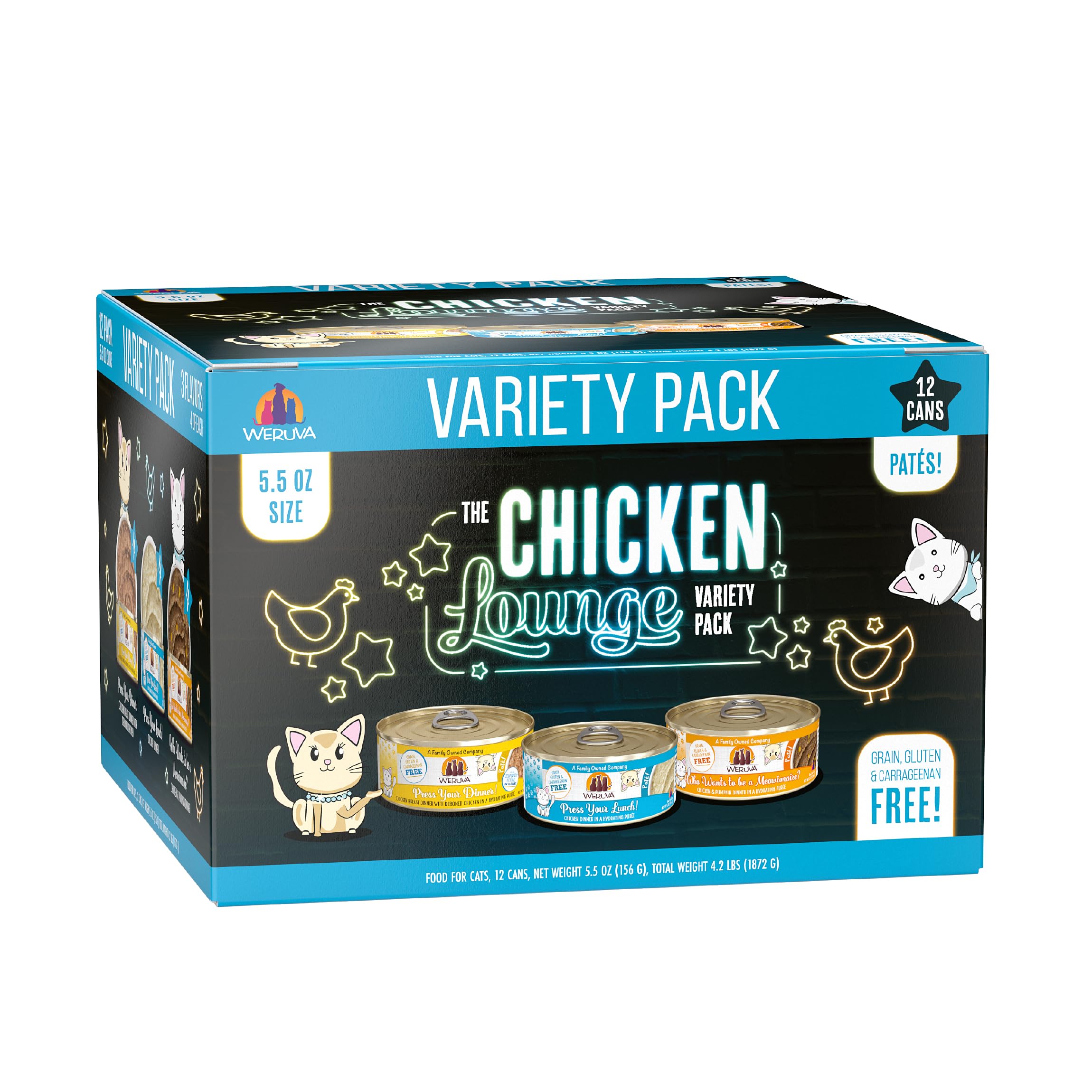 Weruva Wet Cat Food, The Chicken Lounge Paté Variety Pack, 5.5oz Can, Pack of 12