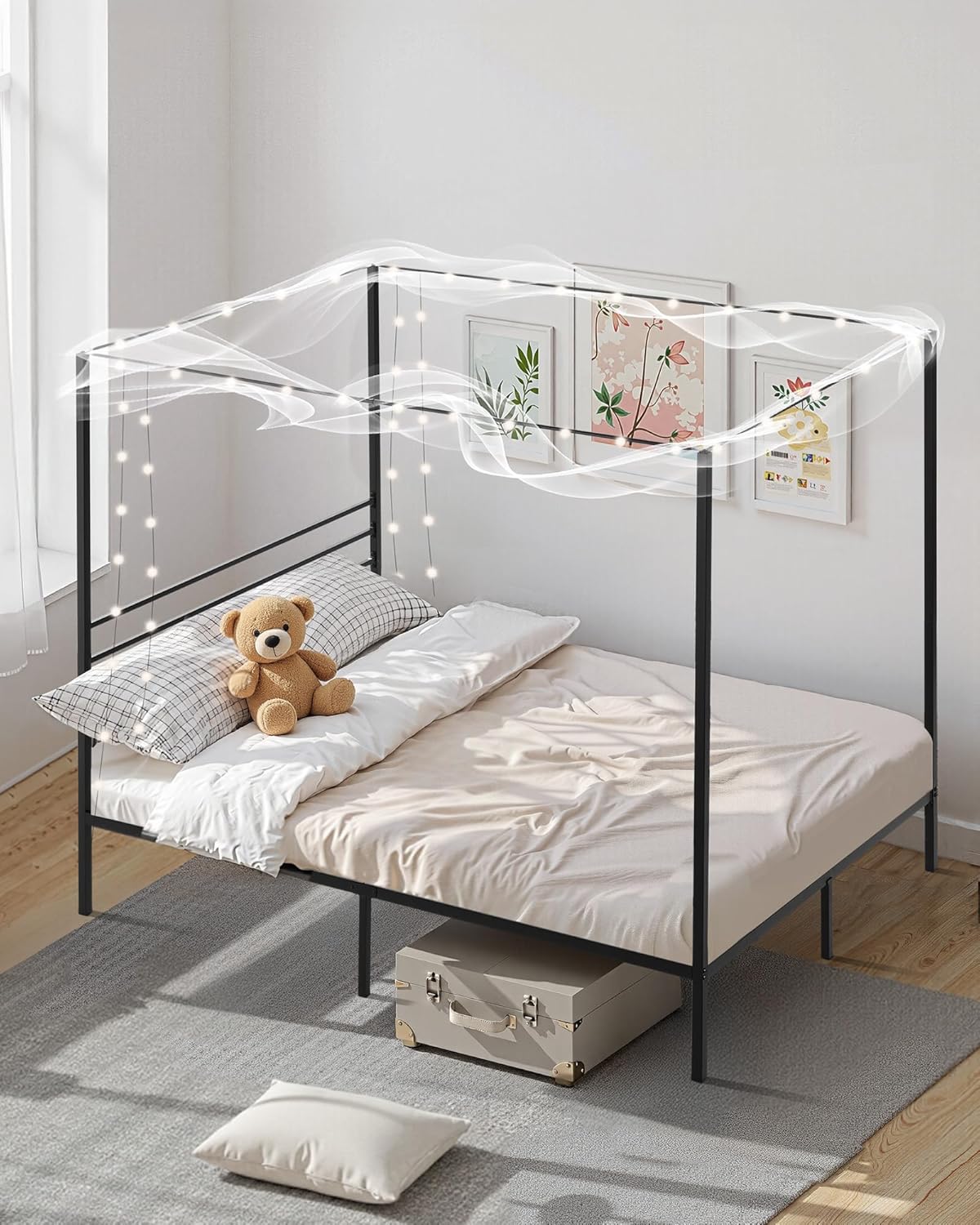 VEVOR Canopy Bed Frame Full Size, Metal Canopy Bed with Four Posters Design, Heavy Duty Steel Slats Support, Underbed Storage Space, No Box Spring Needed, Easy Assembly, Black