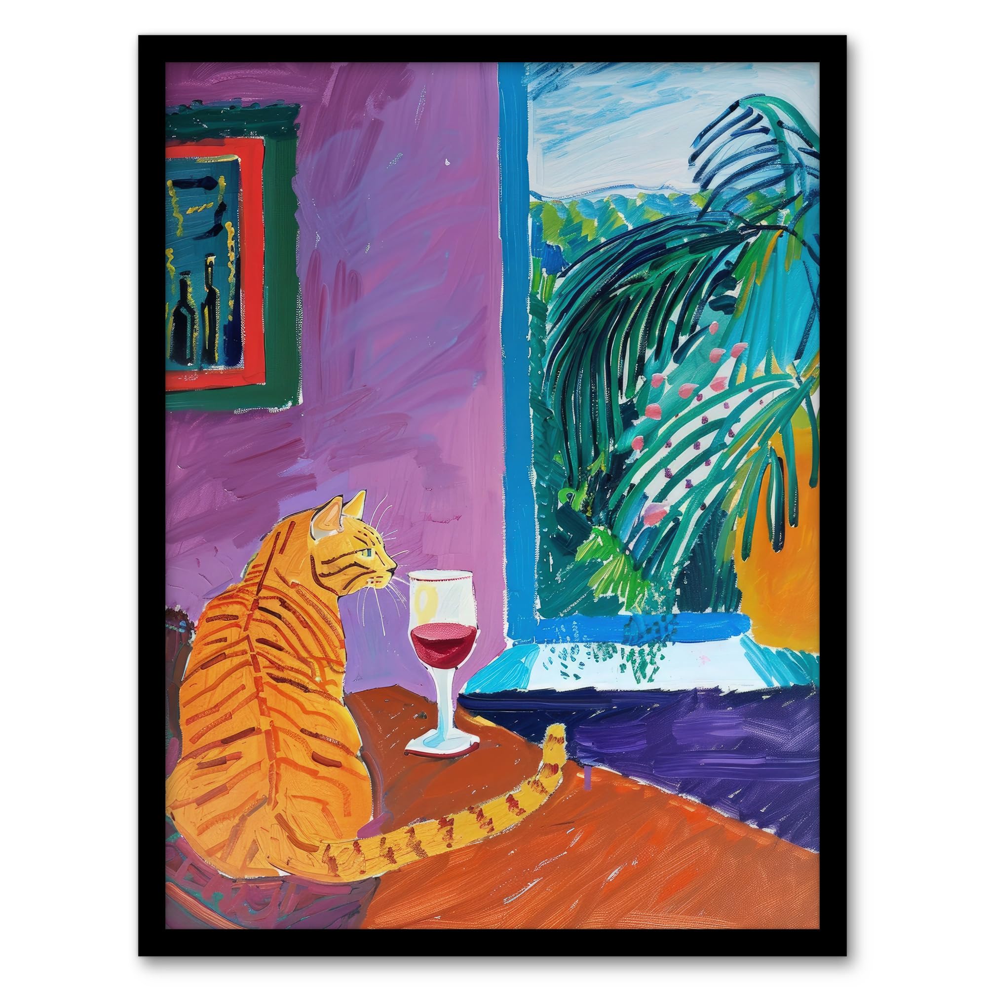 Artery8 Ginger Tabby Cat Wine Plant Lover Quiet Afternoon For Living Room Artwork Framed Wall Art Print 18X24 Inch