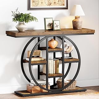 41" Console Table for Entryway, 4-Tier Industrial Narrow Wood Sofa Accent Tables with Circle Storage Shelves for Living Room, Hallway, Foyer (Rustic Brown)