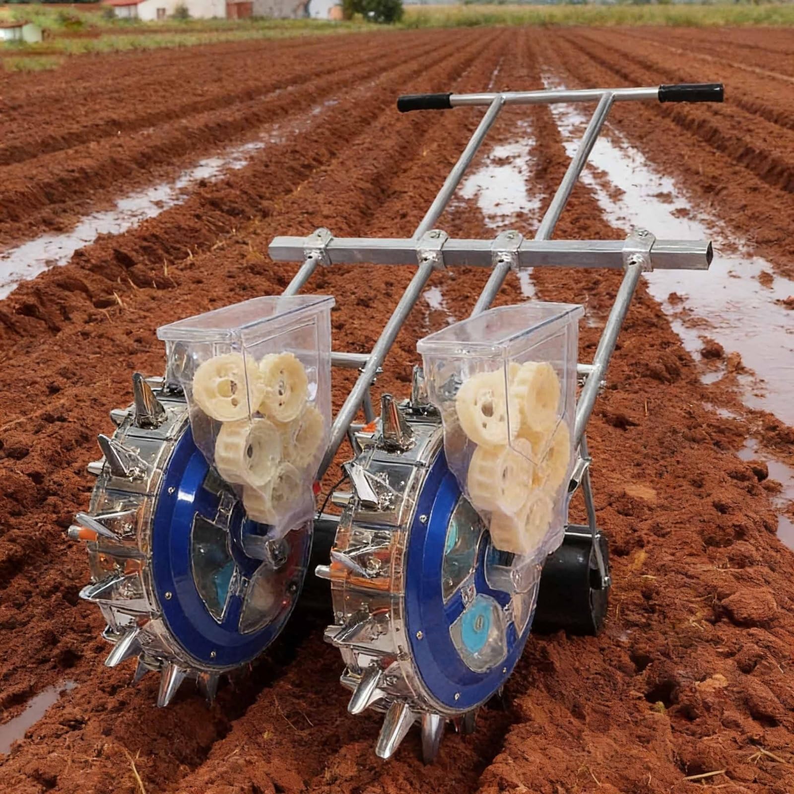 Doppelrad-Gartensähmaschine, Präzisions-Handsähmaschine aus Metall, manuelle Rollen-Sämaschine, Reihenpflanzmaschine und Düngerstreuer für terrassierte Gärten und Felder(9 Nozzles)