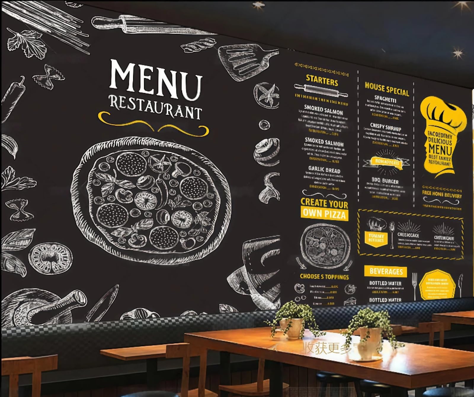 rskjdghshd Wallpaper Hand-Painted English Letters Pizza Catering Illustration Theme Western Restaurant Background Wall Mural Afternoon Tea Coffee Shop Wallpaper,3D,250x175cm
