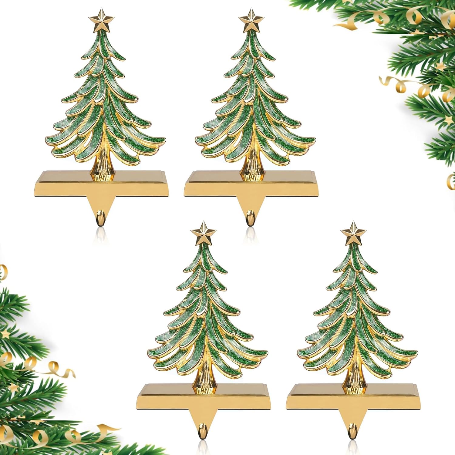 JUSTOTRY 4PC Christmas Stocking Holders for Mantle Glitter Green Xmas Tree Gold Stocking Holder for Fireplace Home Decor Holiday Gifts Christmas Decorations Supplies Non-Skid Durable and Sturdy Gold & Green 4Pc