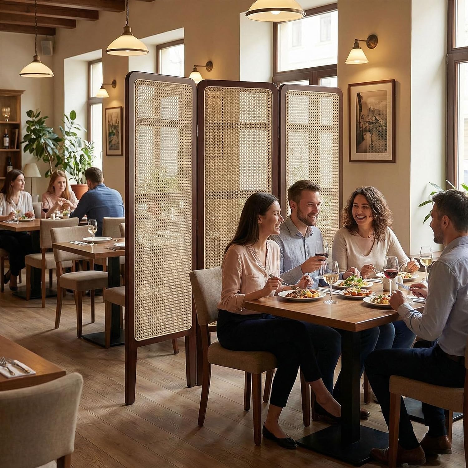 Freestanding Room Divider Panels, Decoration Partition Wall Divider with Support Feet, Rattan Folding Privacy Screen for Home Office Bedroom(Wood,2 Panel)