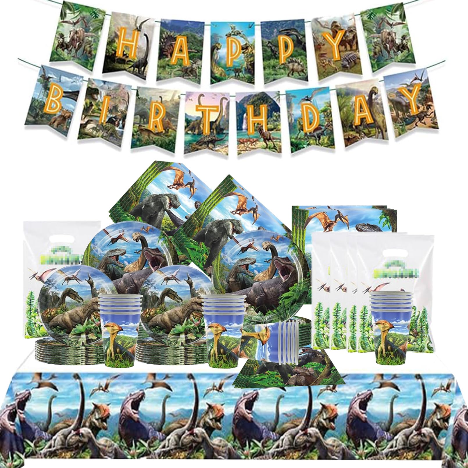 102 Pezzi Dinosauri Stoviglie per Feste di Compleanno，Dinosauri Addobbi Compleanno，Tovaglia，Piatti Carta，Sacchetto regalo，Striscione，Adatto a 20 persone