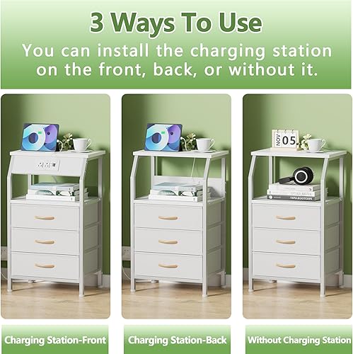 Miniatura 6 de Furnulem Night Stand with Charging Station, 28.3 Inch Tall Bedside Table with PVC Drawers, End Table with USB Ports and Outlets, 3 Fabric Drawer