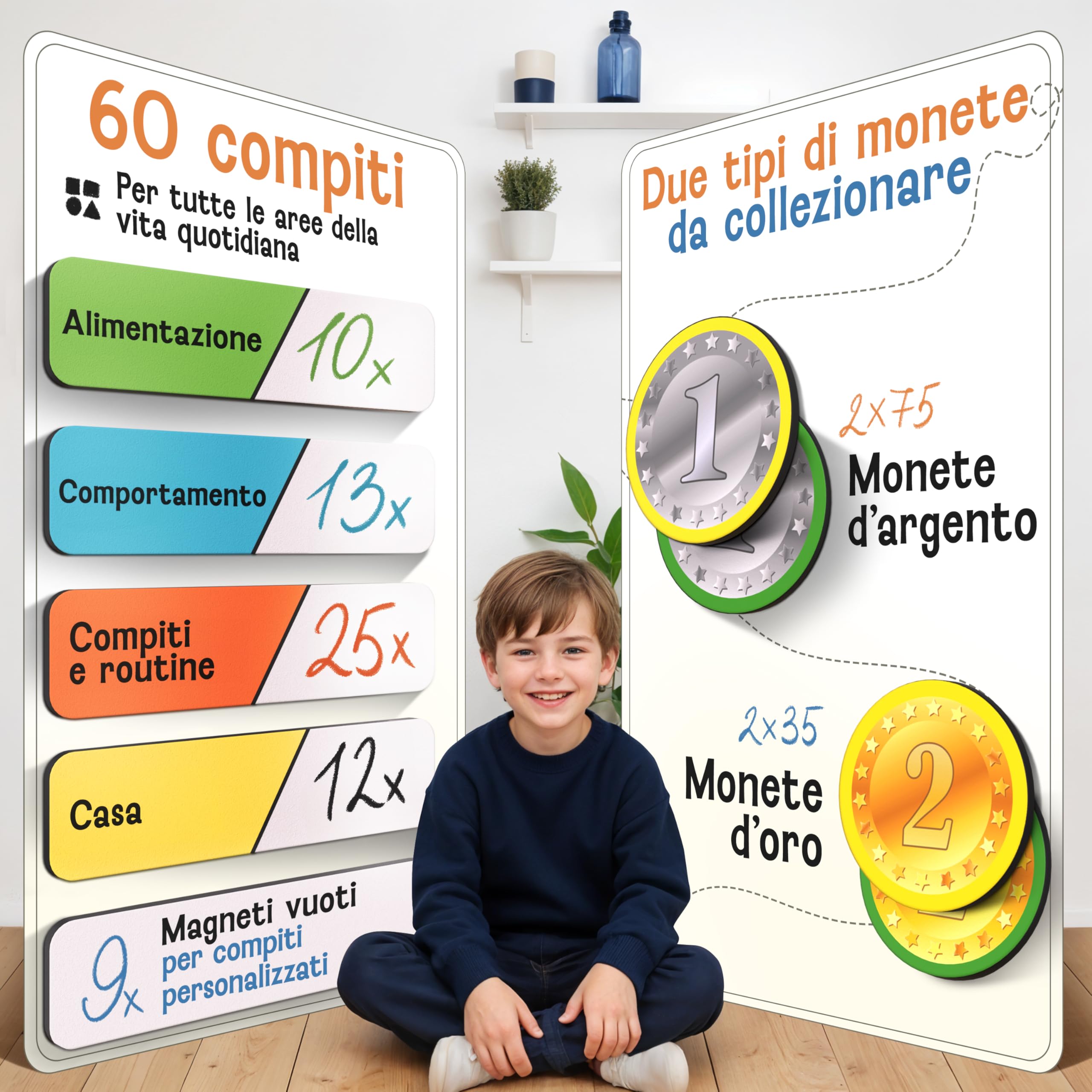 LIKARTO® Tabella delle ricompense per bambini - incl. 280 magneti - Sistema di ricompense per bambini, agenda dei compiti Montessori, indipendenza ludica, tabella magnetica, tabellone dei premi