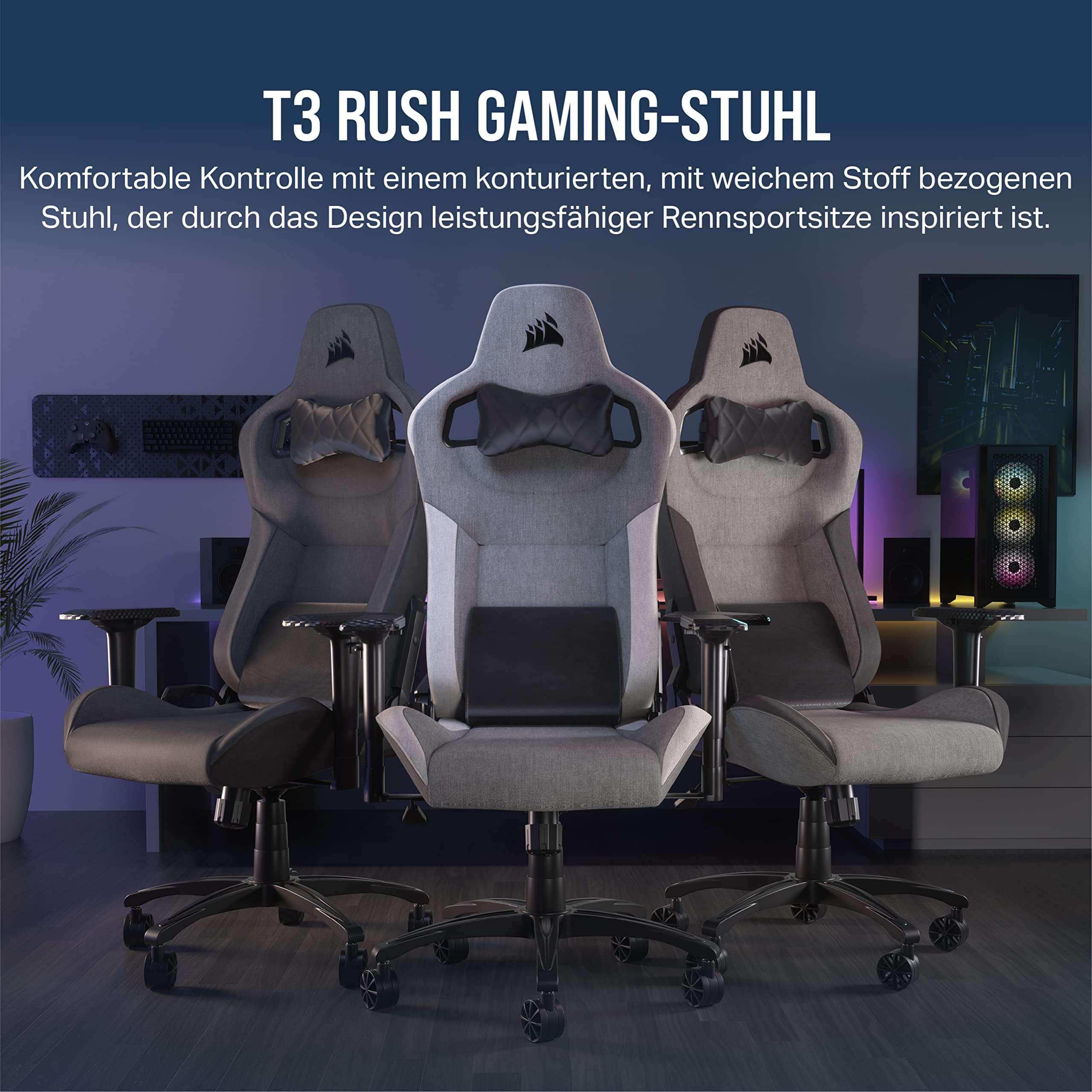 Corsair T3 RUSH Gaming-Stuhl mit Stoffbezug (2023) – Vom Rennsport inspiriertes Design – Bezug aus Weichem – Gepolstertes Nackenkissen – Lendenstütze aus Memory-Schaumstoff – Holzkohle