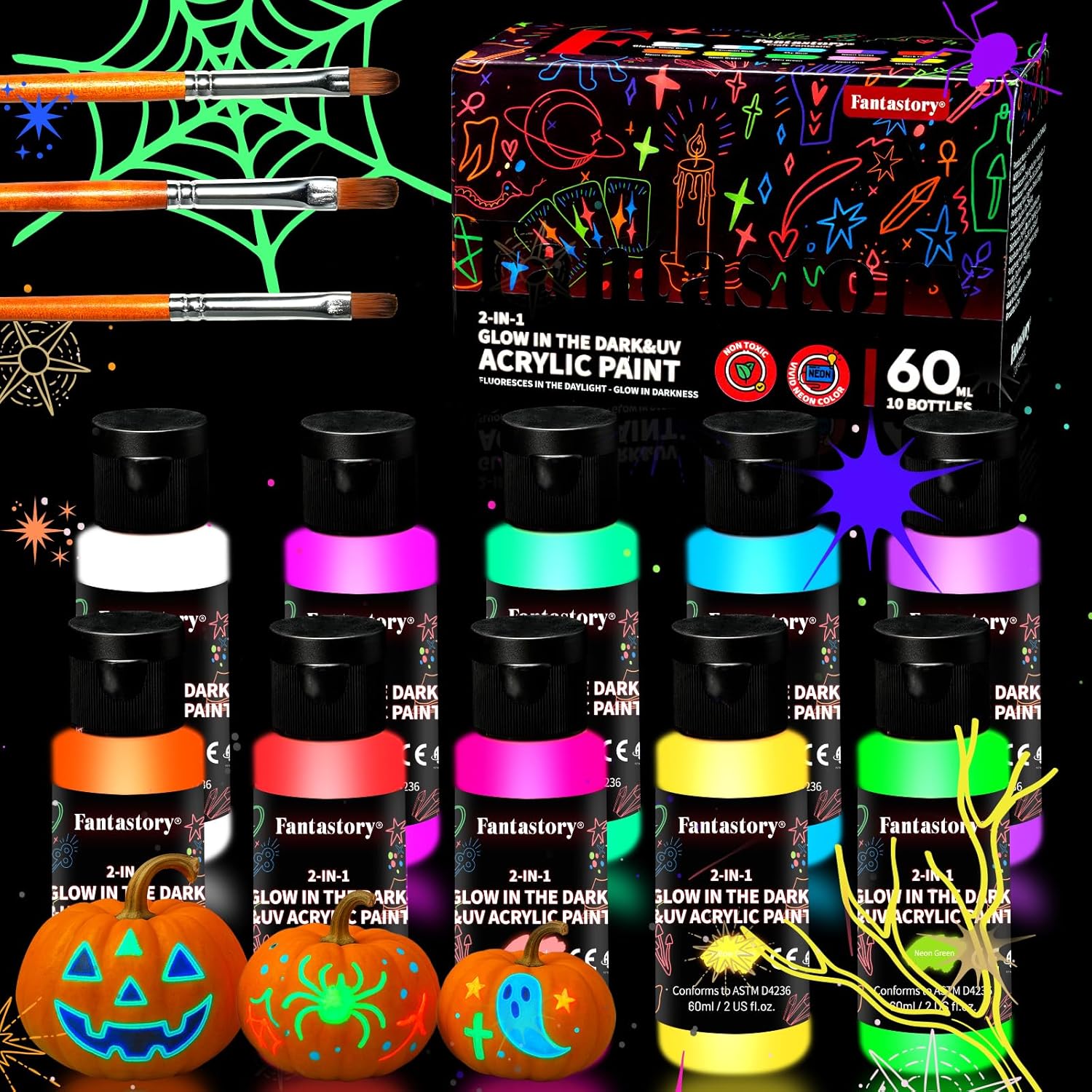 Fantastory Fluorescent Glow in the Dark Paint,60ml /2oz,Neon Colors Glow Acrylic Paints; Waterproof Blacklight Paint for Outdoor Rock,Wood,DIY Craft,Canva,Pumpkin,Halloween,Holiday Decor 2 Fl Oz (Pack of 10)